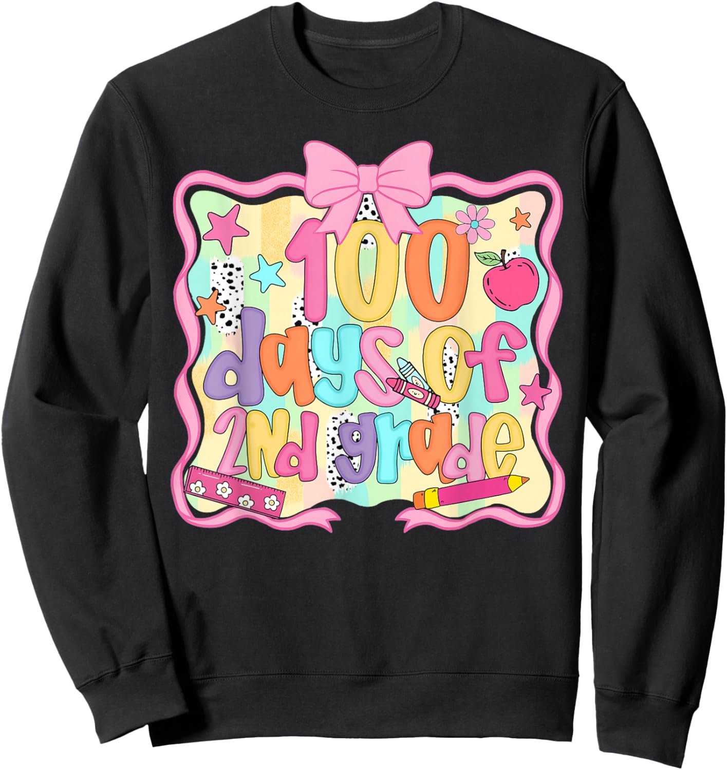 Preppy 100 Days of 2nd Grade Teacher Kids Coquette Bow Sweatshirt - Sweatshirt | Black