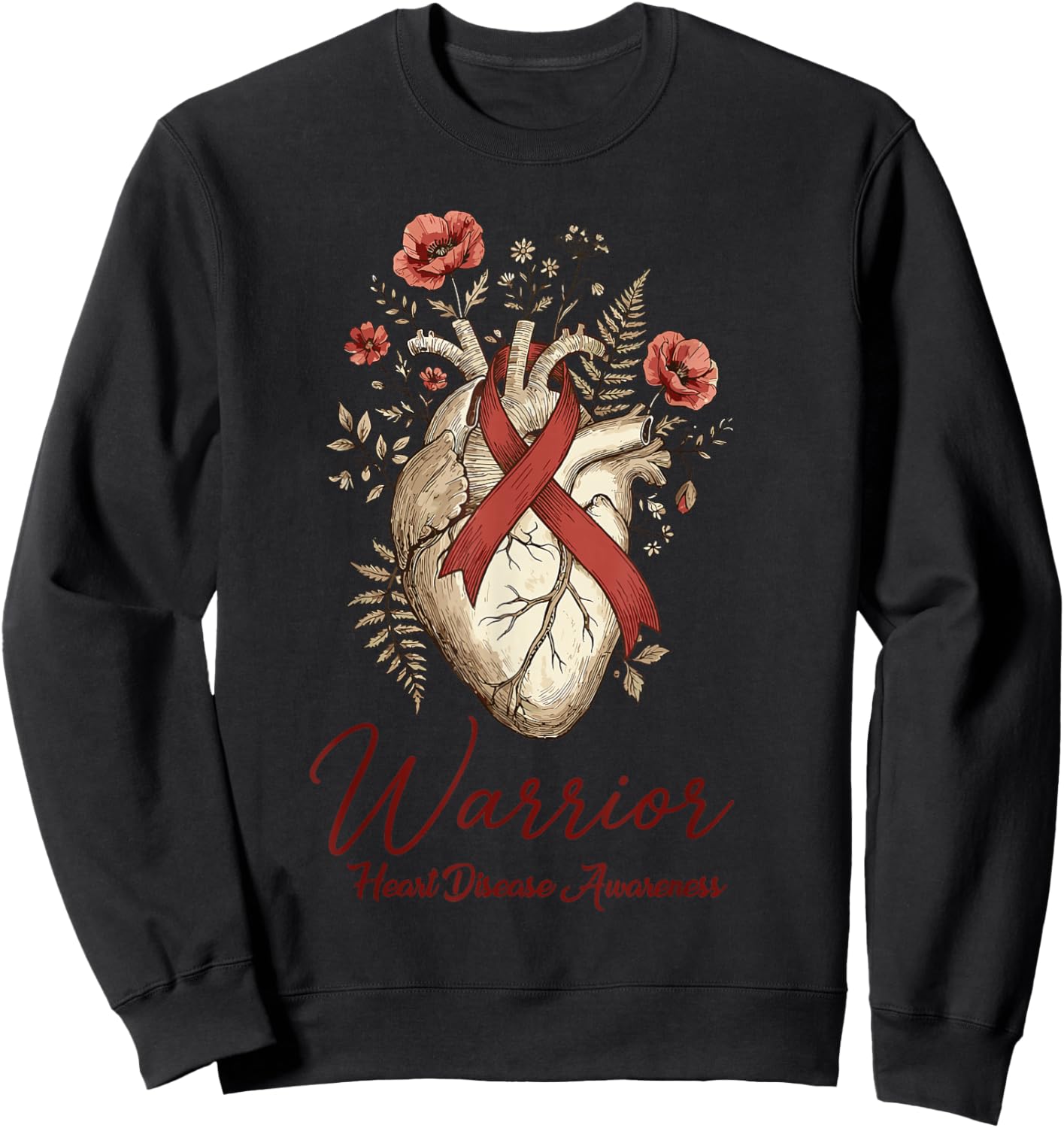 Heart Disease Awareness Warrior Anatomical Floral Ribbon Sweatshirt - Sweatshirt | Black
