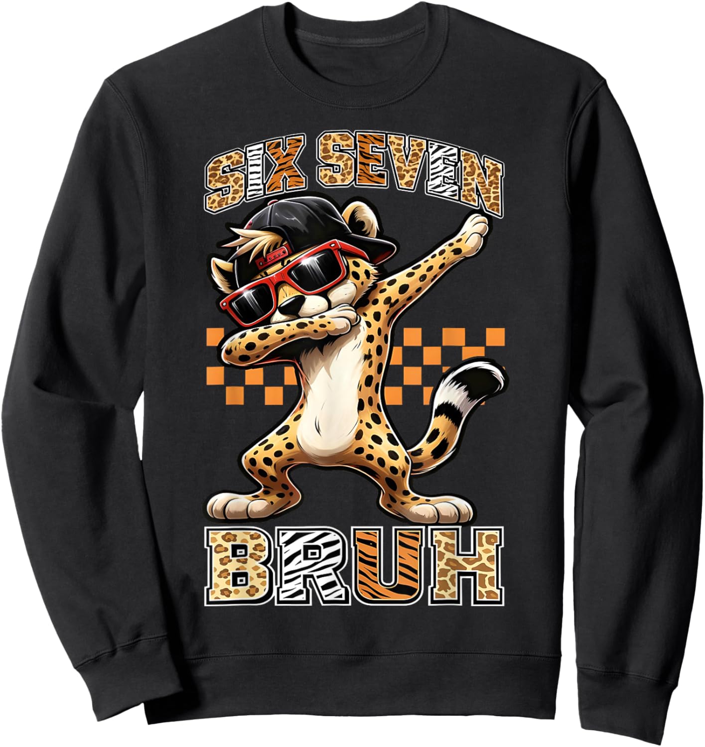 Six Seven Bruh Cheetah Animal Print Dabbing Gift Boy Kid Sweatshirt - Sweatshirt | Black