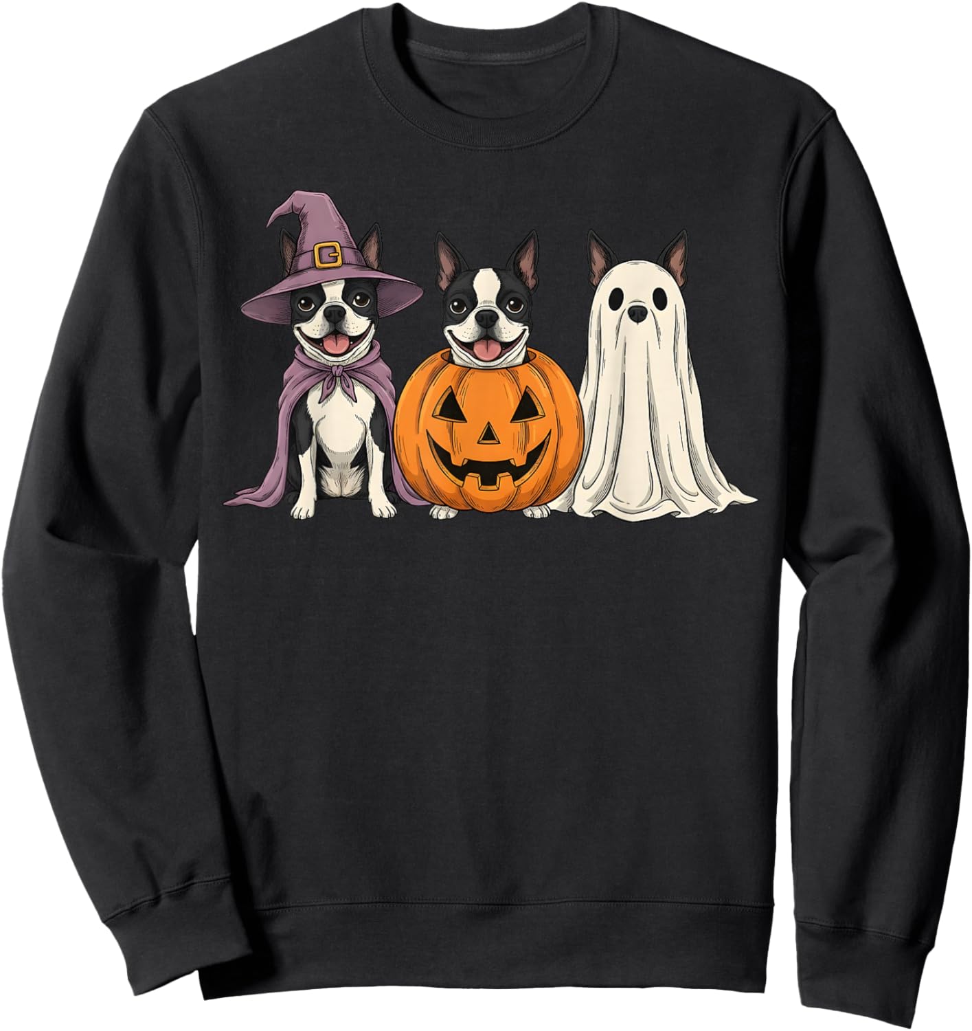Spooky Ghost Boston Terrier Pumpkin Halloween Dog Lover Sweatshirt - Sweatshirt | Black