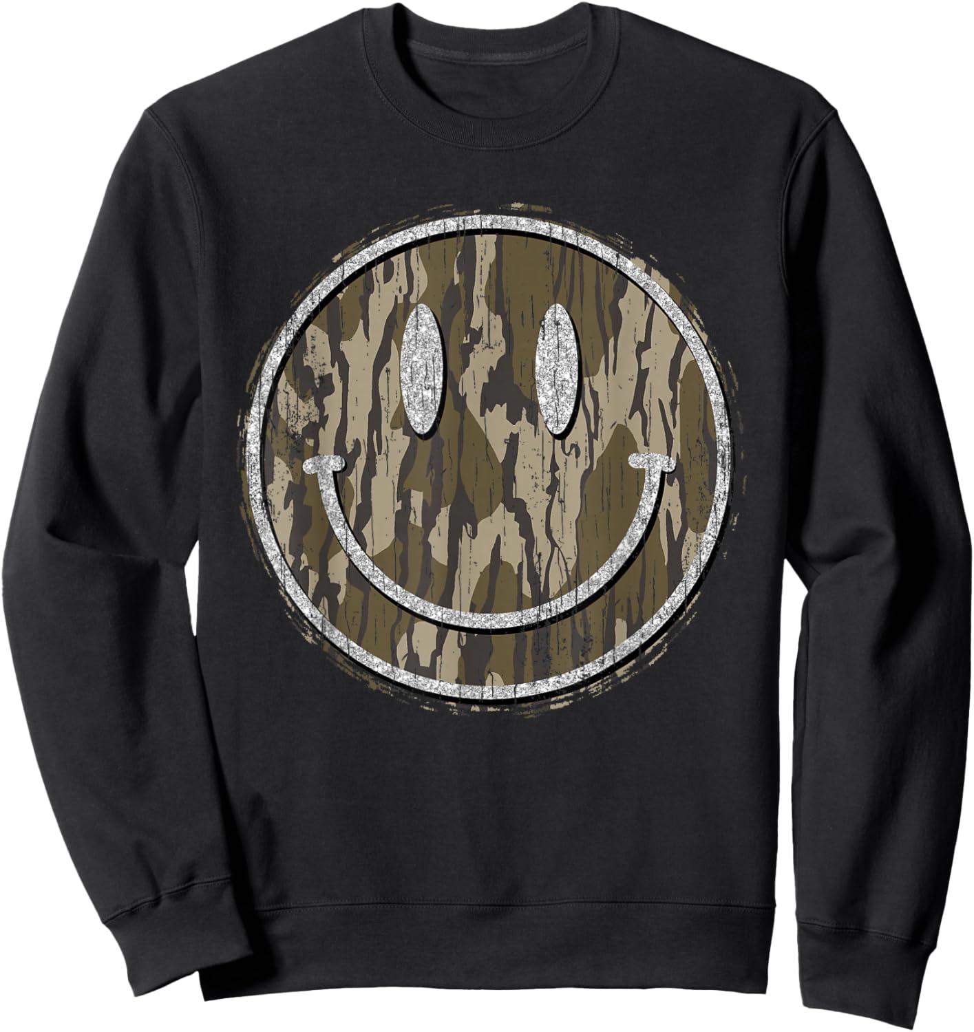 Vintage Hunting Camo Smile Face Camouflage Happy Smiling Sweatshirt - Sweatshirt | Black