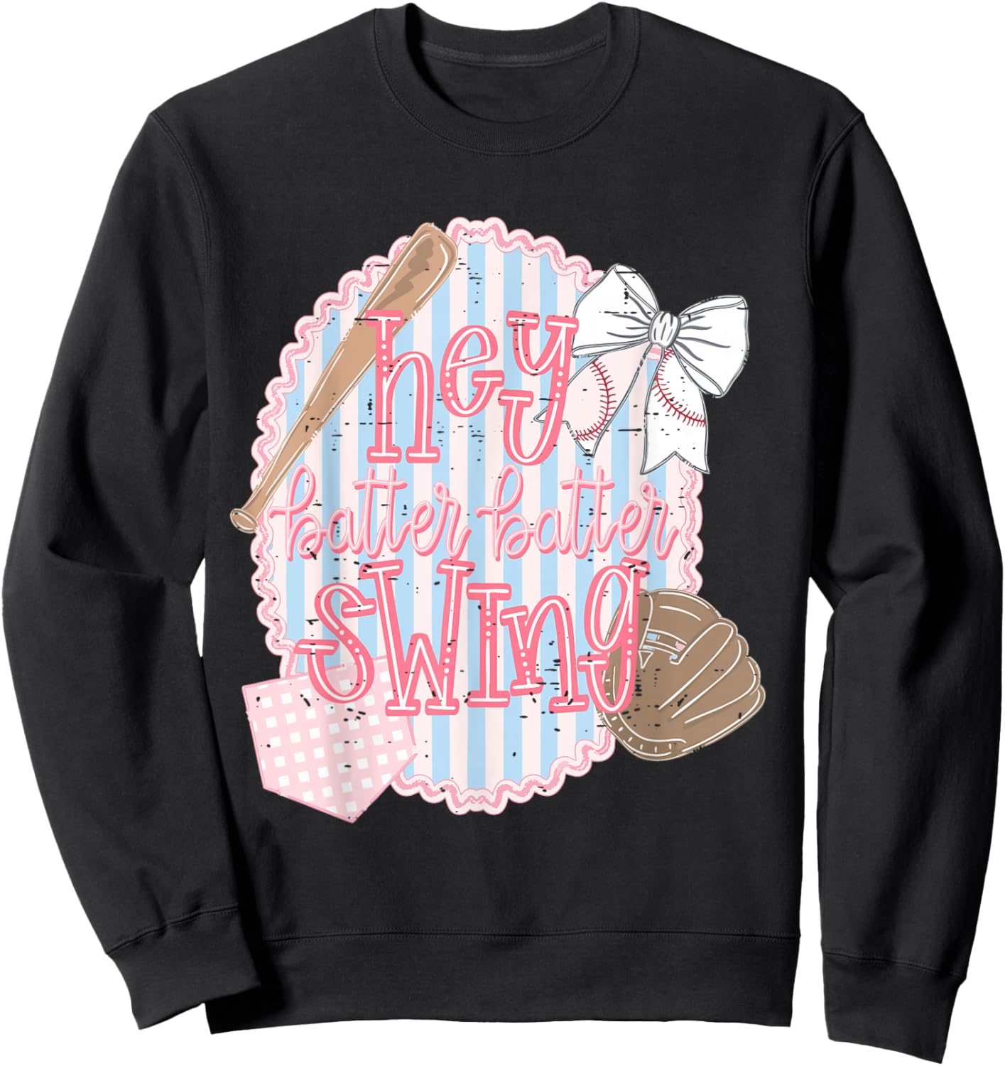 Hey Batter Batter Swing Baseball Game Day Coquette Bow Girly Sweatshirt - Sweatshirt | Black