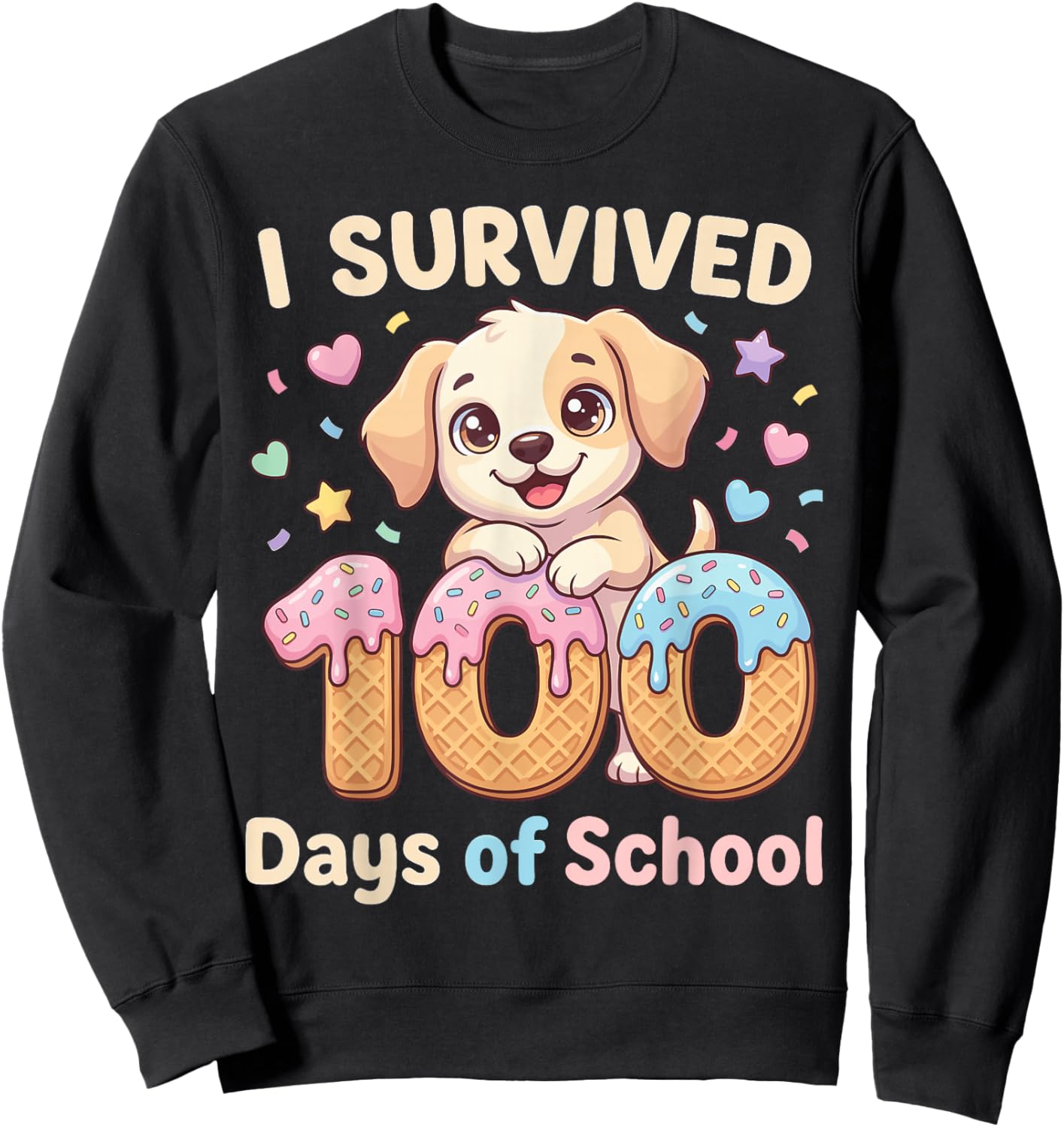 I Survived 100 Days of School Funny Punny Dog Ice Cream Drip Sweatshirt - Sweatshirt | Black