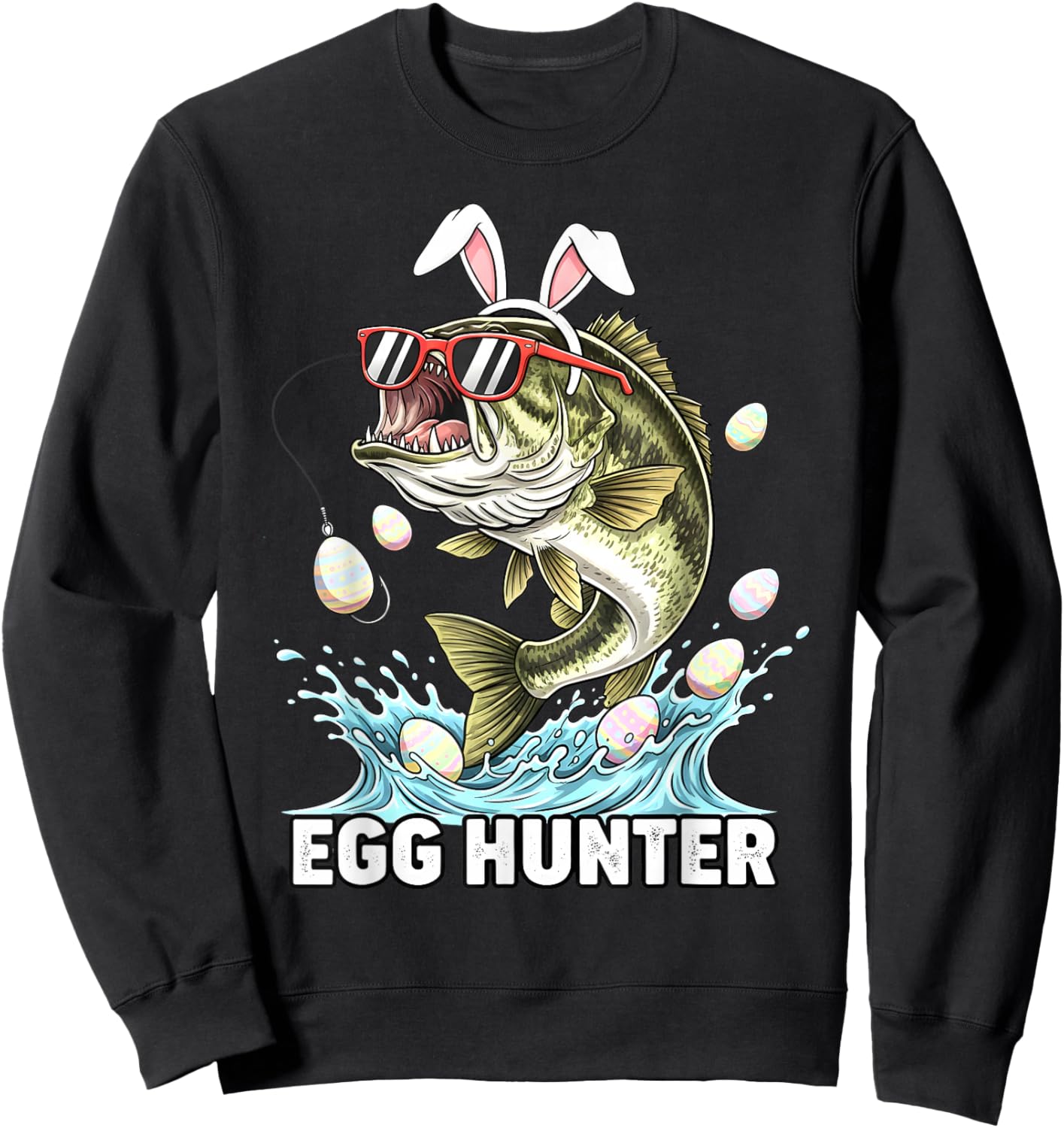Egg Hunter Easter Funny Fishing Easter Bunny Ears Fisherman Sweatshirt - Sweatshirt | Black