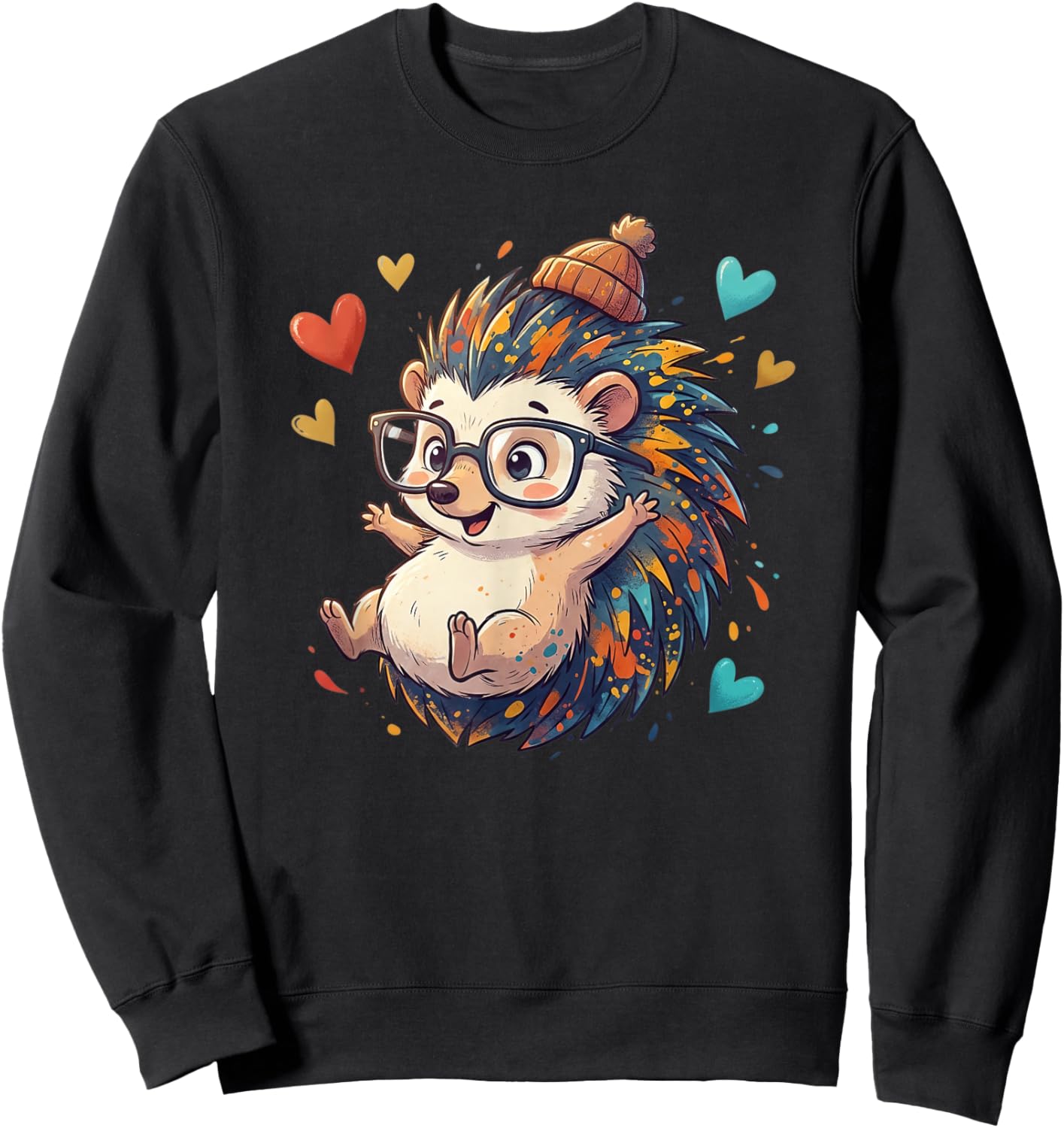 Cute Nerdy Hedgehog with Glasses and Colorful Hearts Sweatshirt - Sweatshirt | Black