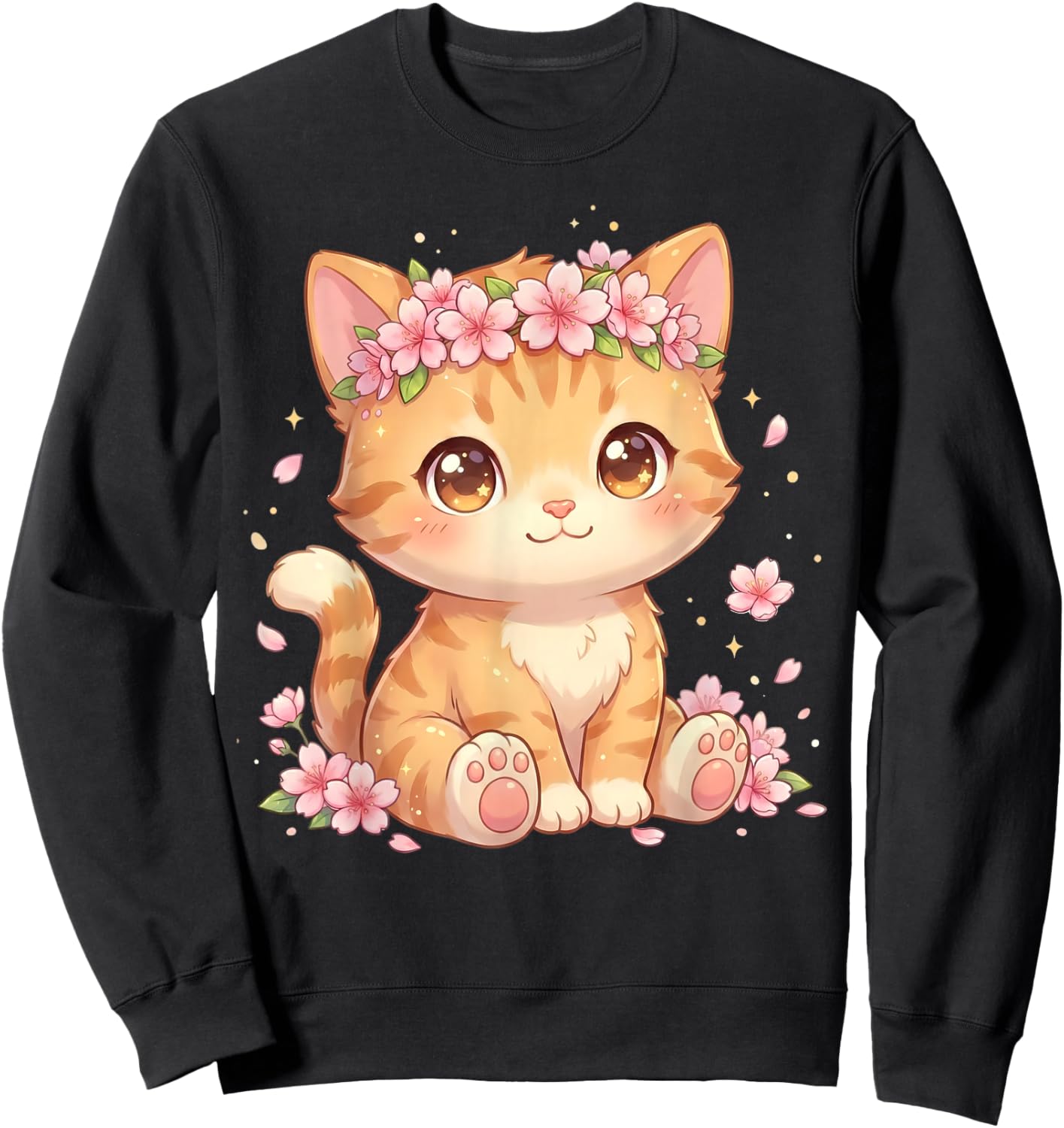 Cute Anime Cat with Cherry Blossoms Flower Kids Girls Boys Sweatshirt - Sweatshirt | Black