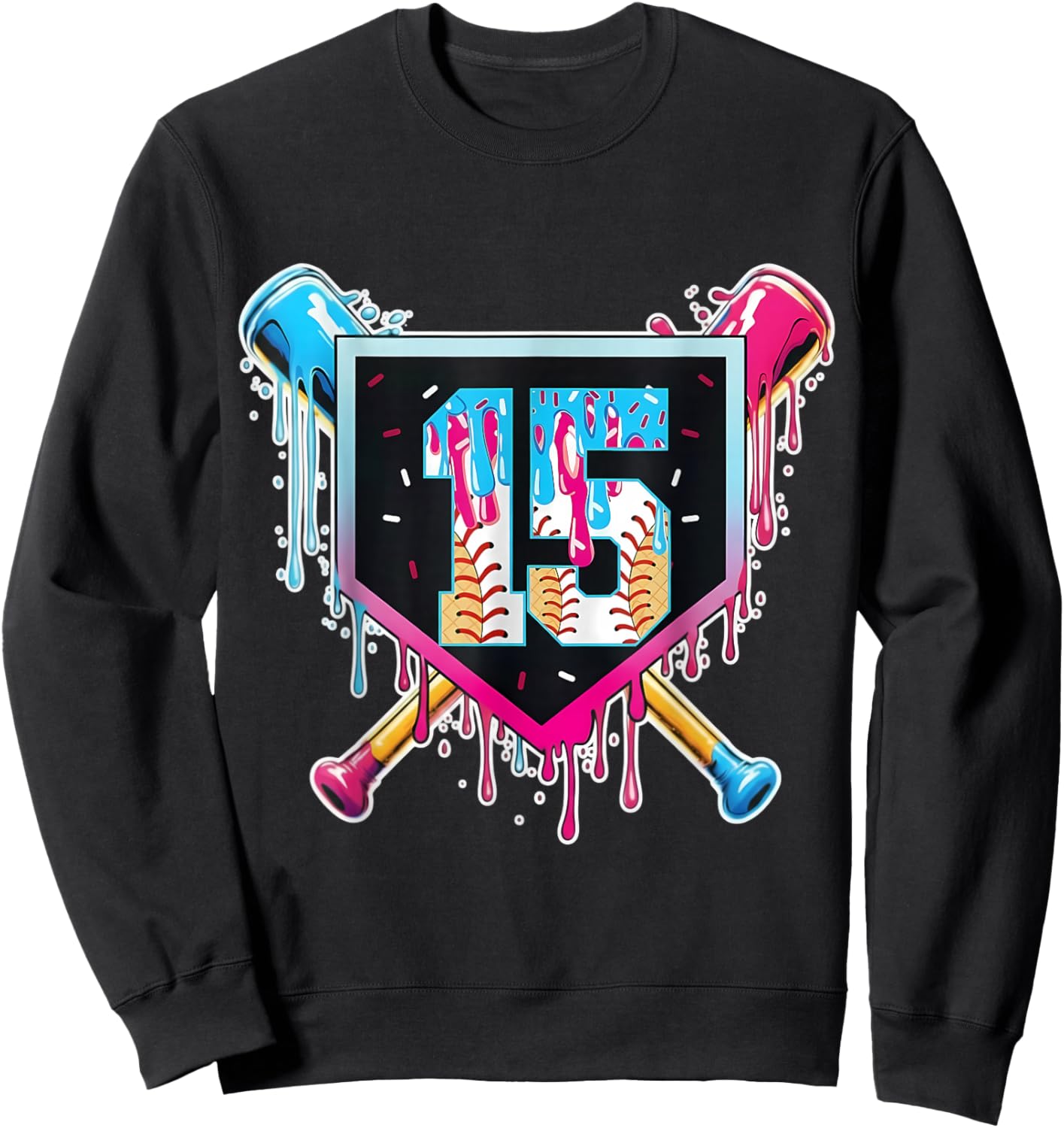Baseball 15 Year Old Boy Ice Cream Drip 15th Birthday Player Sweatshirt - Sweatshirt | Black