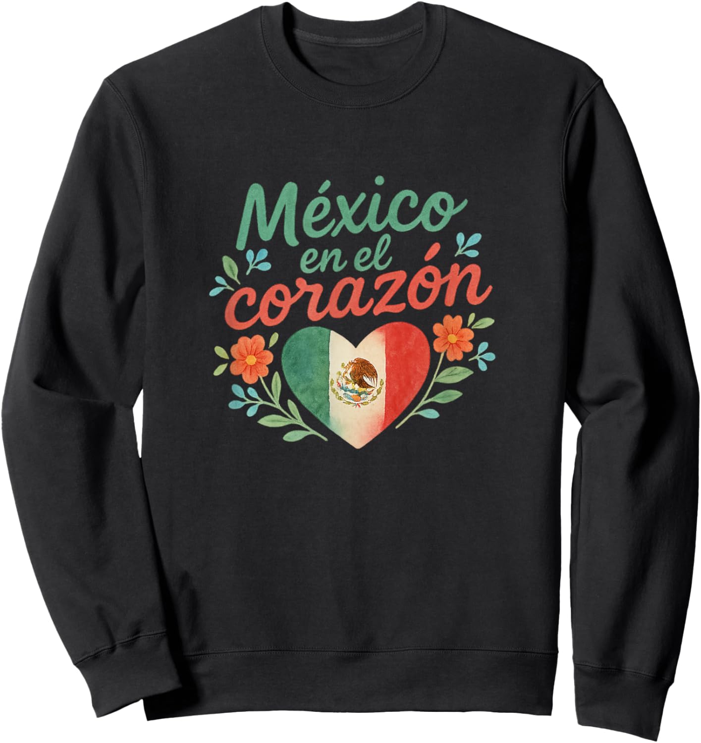 México en el Corazón Mexican Flag Heart Floral Sweatshirt - Sweatshirt | Black