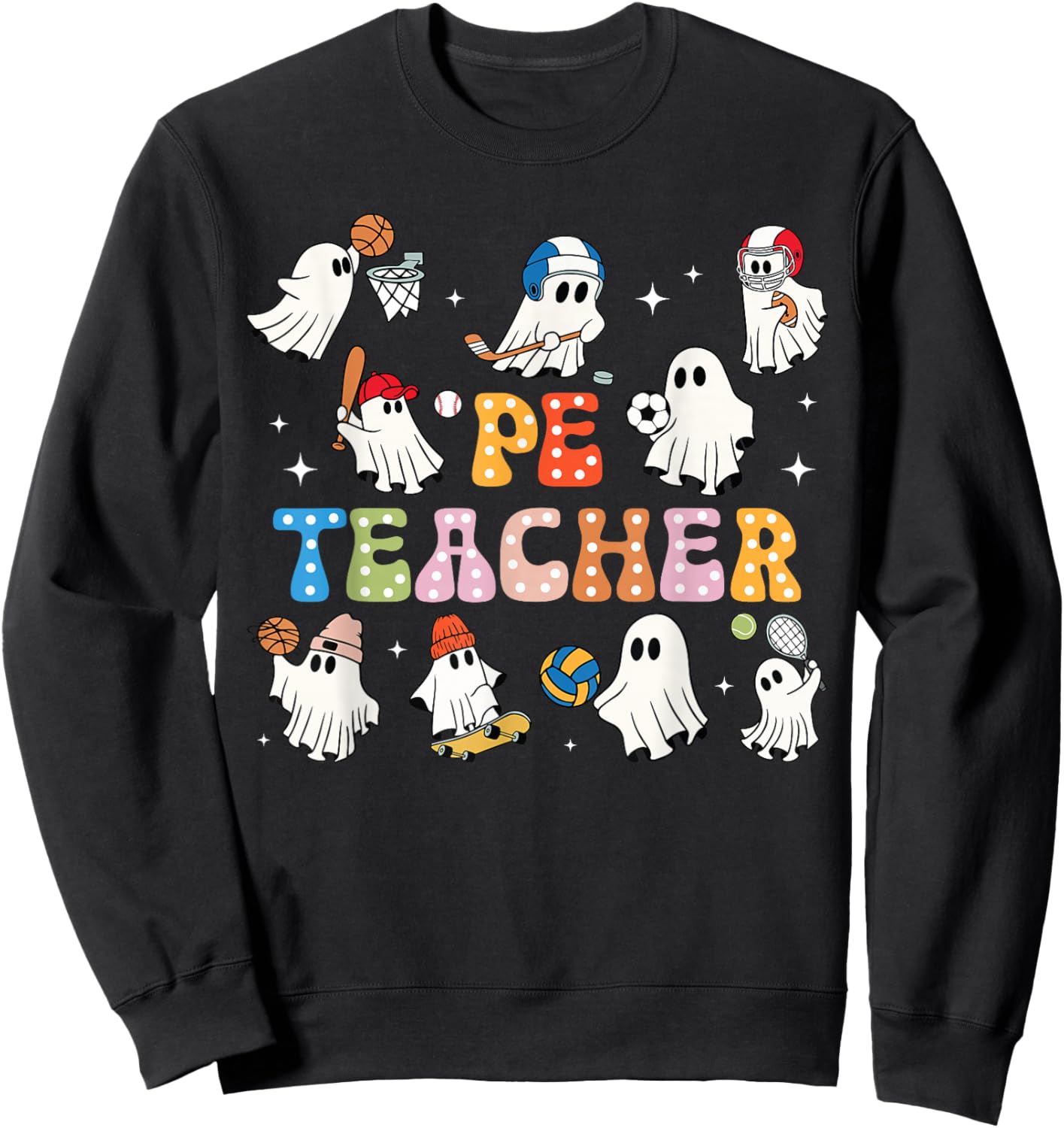 Halloween PE Teacher Ghost Playing Sports Physical Education Sweatshirt - Sweatshirt | Black