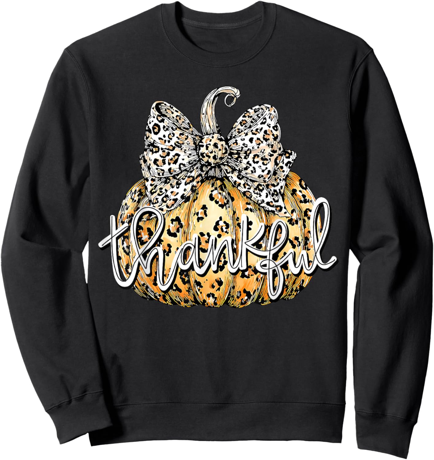 Thanksgiving Thankful Grateful Leopard Pumpkin Coquette Bow Sweatshirt - Sweatshirt | Black