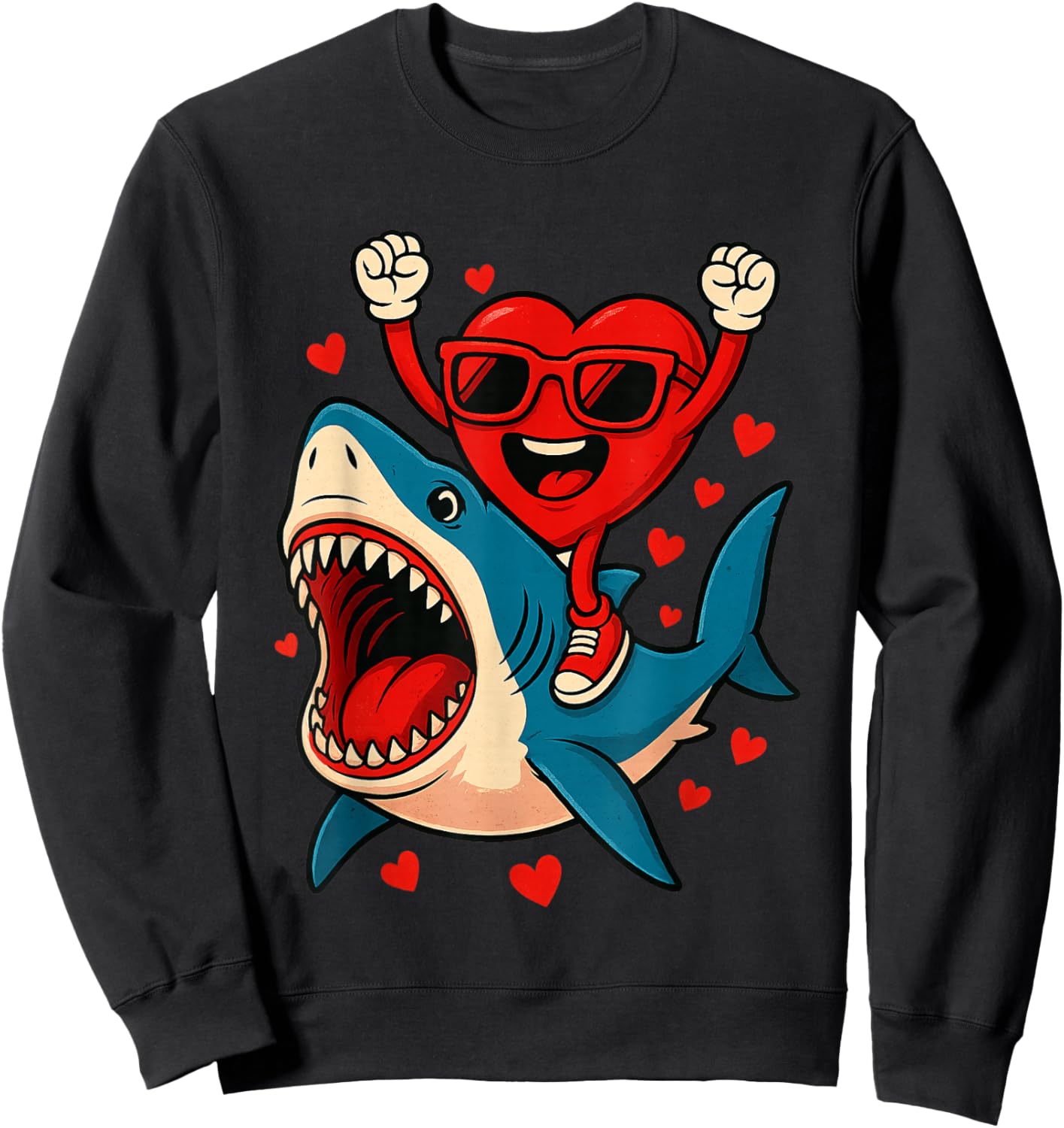 Valentines Day Heart Riding Shark Funny Toddler Boys Kids Sweatshirt - Sweatshirt | Black