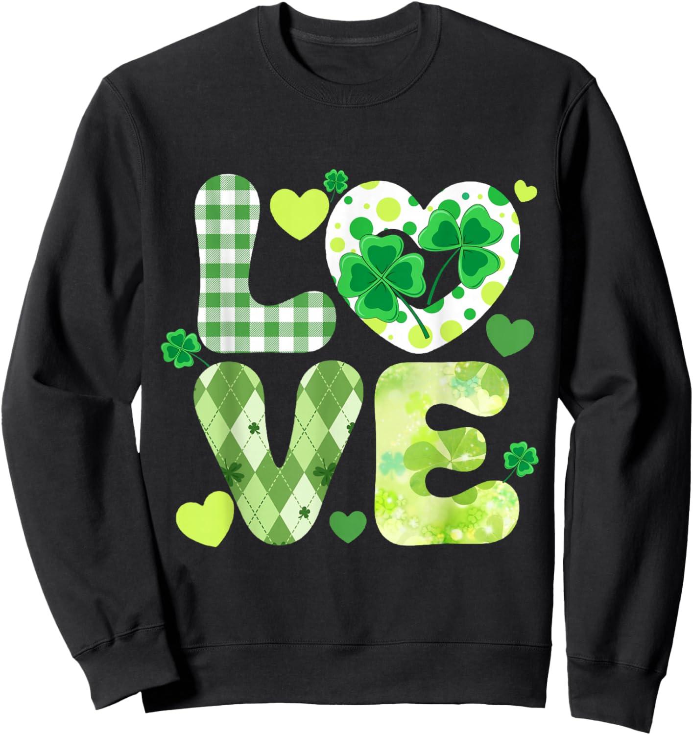 Love St Patrick Day Shamrock Clover Lucky Irish Girls Women Sweatshirt - Sweatshirt | Black