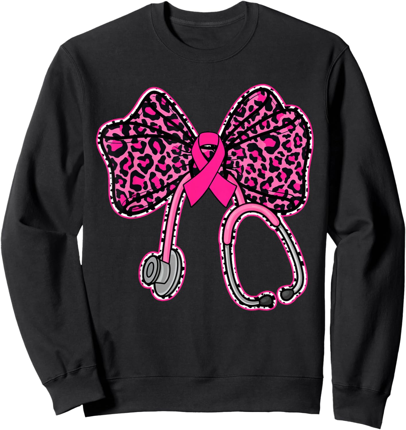 Leopard Coquette Bow Pink Stethoscope Nurse Breast Cancer Sweatshirt - Sweatshirt | Black