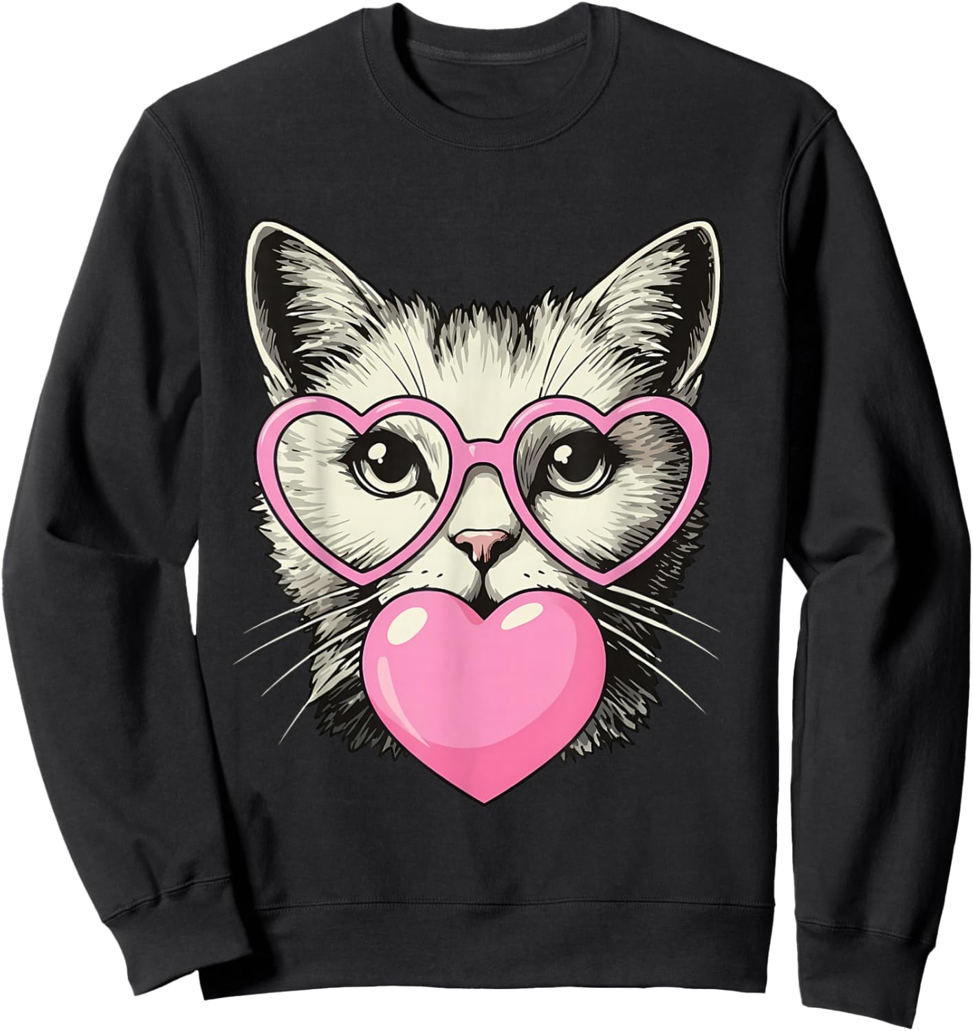 Cute Cat Blowing Pink Valentine Heart Bubble Gum Sweatshirt - Sweatshirt | Black