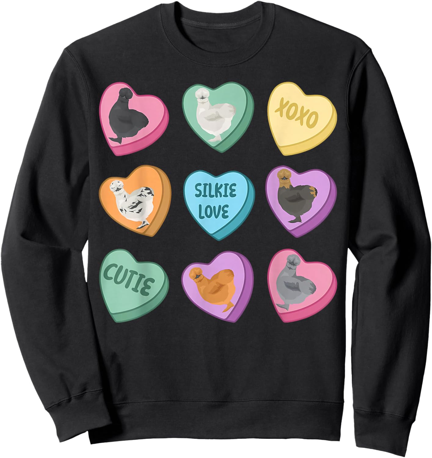 Cute Silkie Chicken Heart Candy Valentine Day Farm Animal Sweatshirt - Sweatshirt | Black