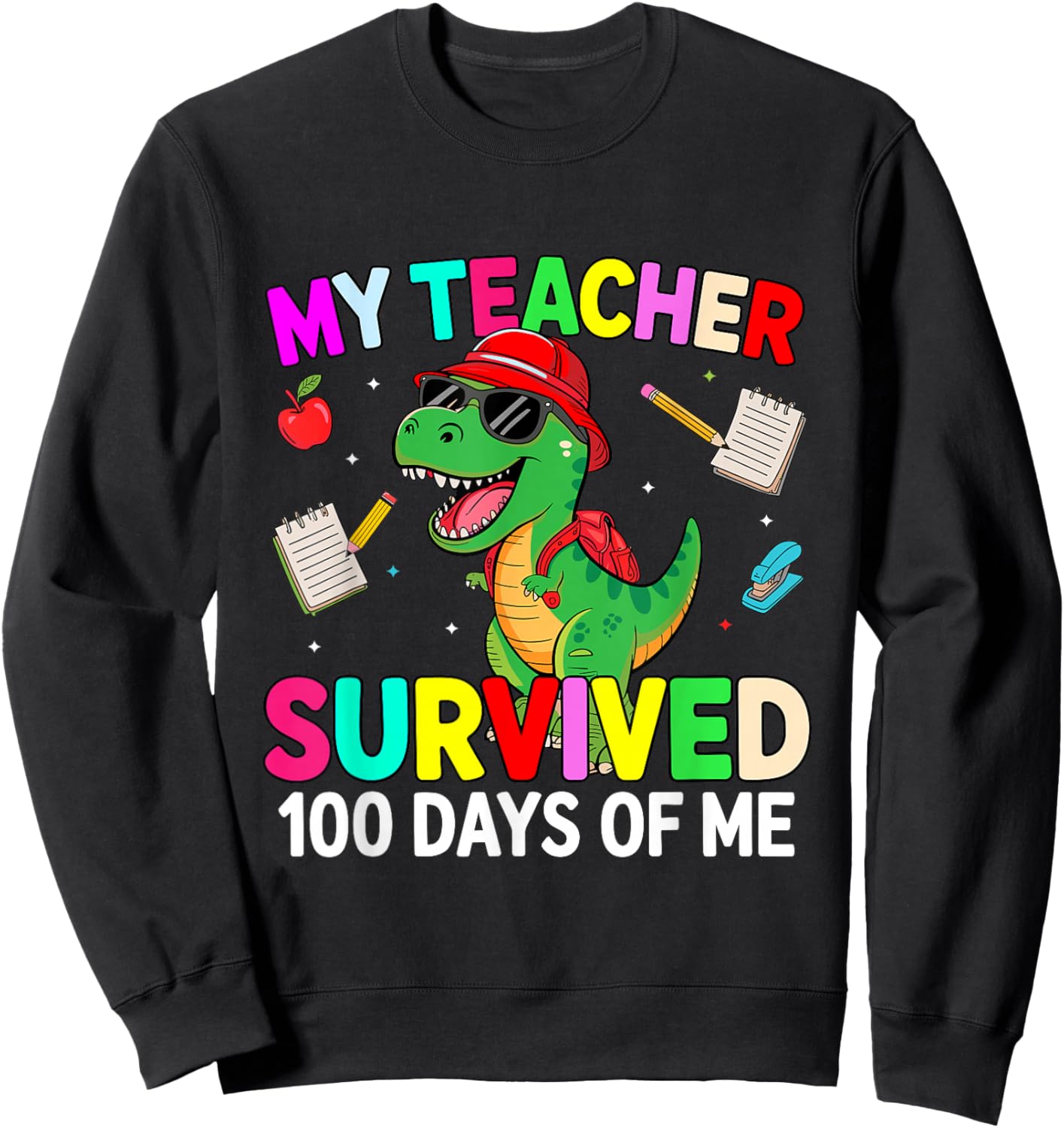 100th Day of School My Teacher Survived 100 Days Boys Dino Sweatshirt - Sweatshirt | Black