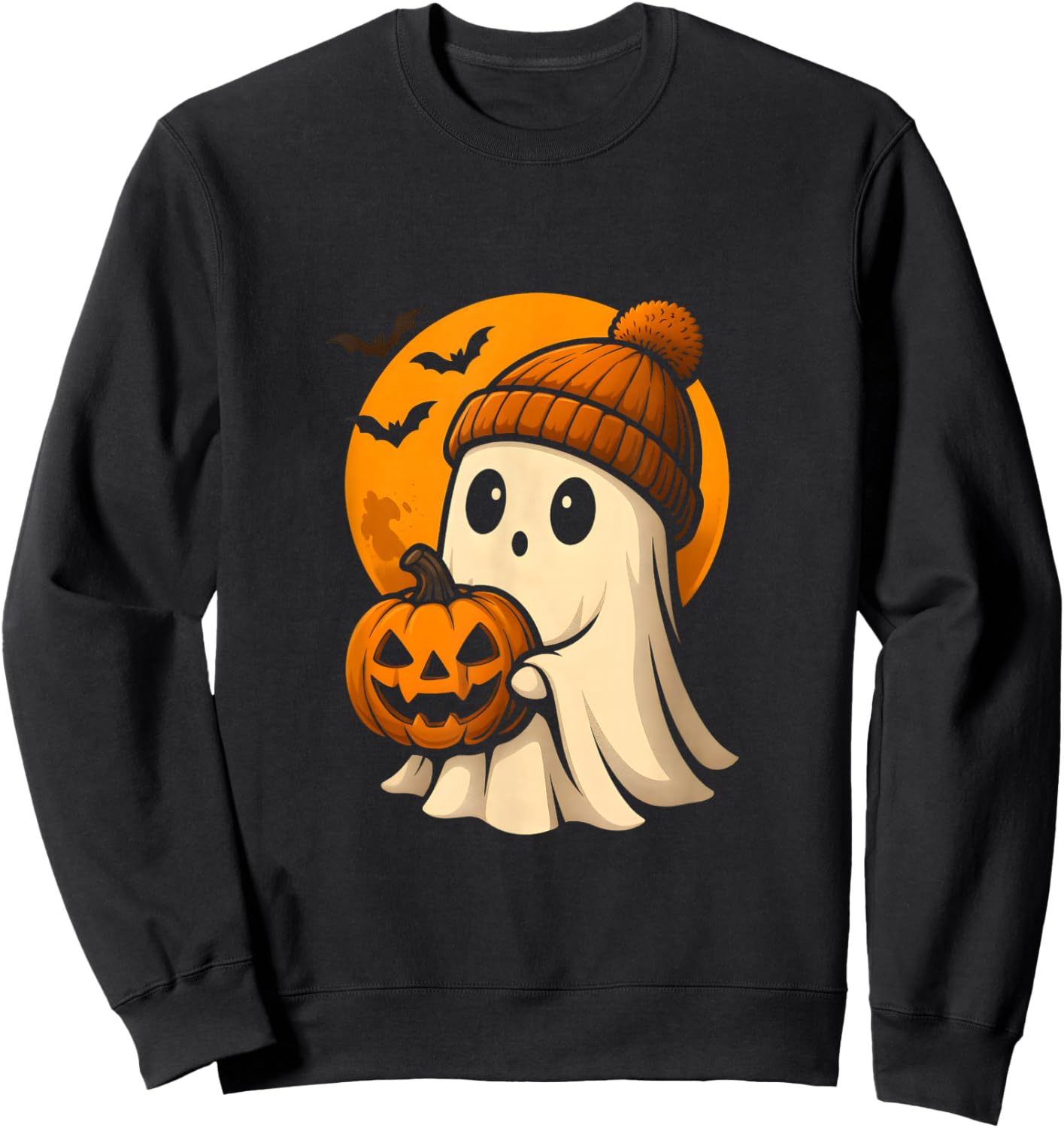 Cute Ghost with Pumpkin for Halloween Costume Party Spooky Sweatshirt - Sweatshirt | Black