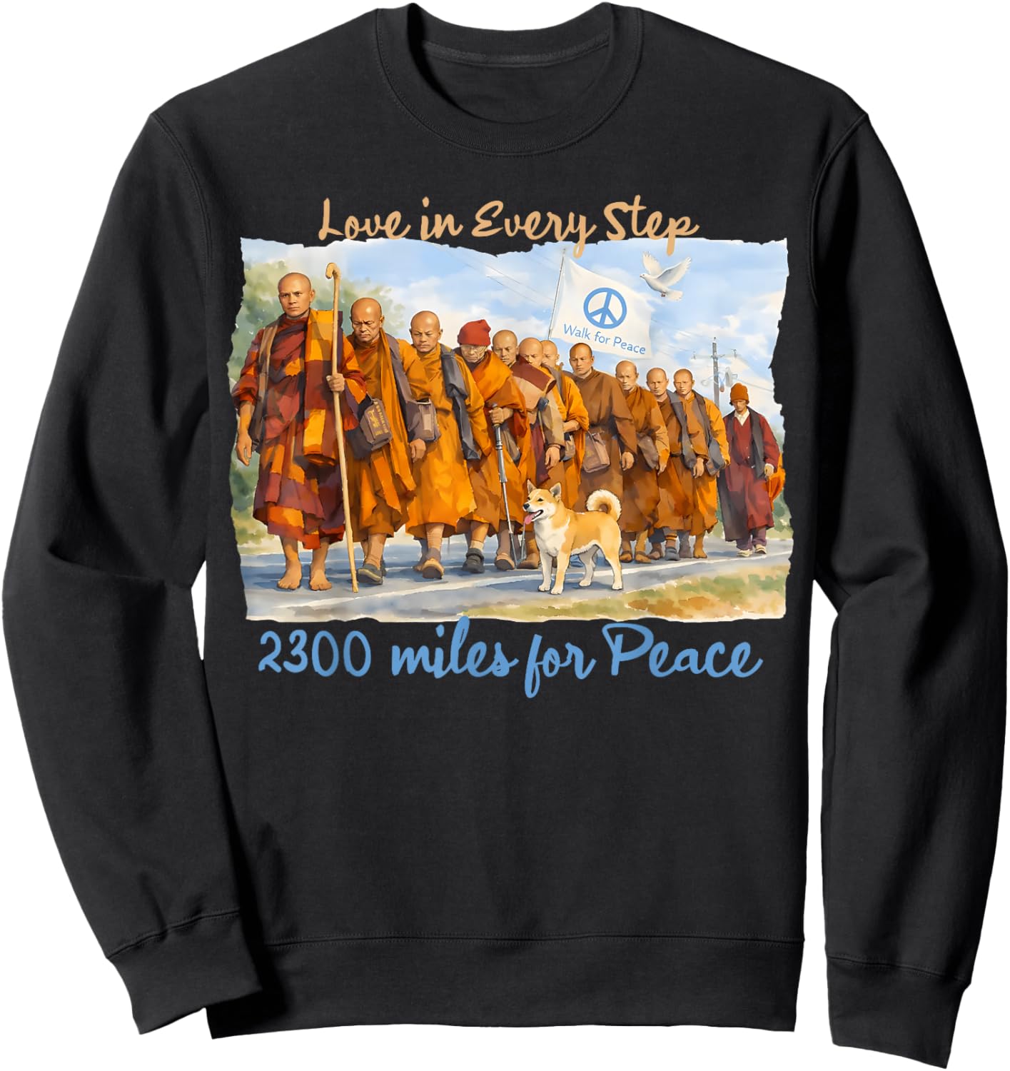 Minimalist Zen Art Walk for Peace Monks with Aloka Dog Sweatshirt - Sweatshirt | Black
