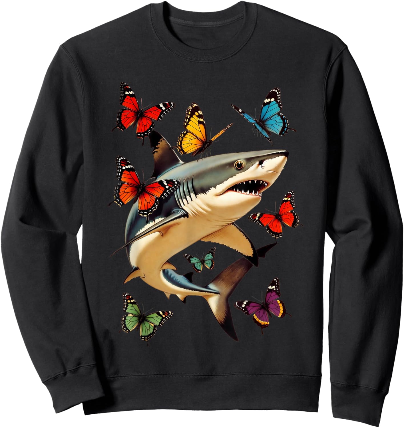 Funny Shark with Butterflies Retro Graphic Ocean Lovers Sweatshirt - Sweatshirt | Black