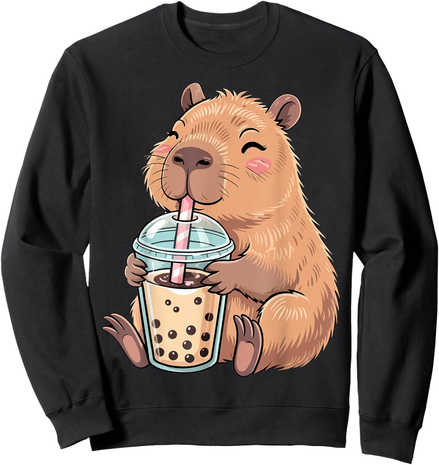 Cute Capybara Kawaii with Boba Bubble Tea Sweatshirt - Sweatshirt | Black