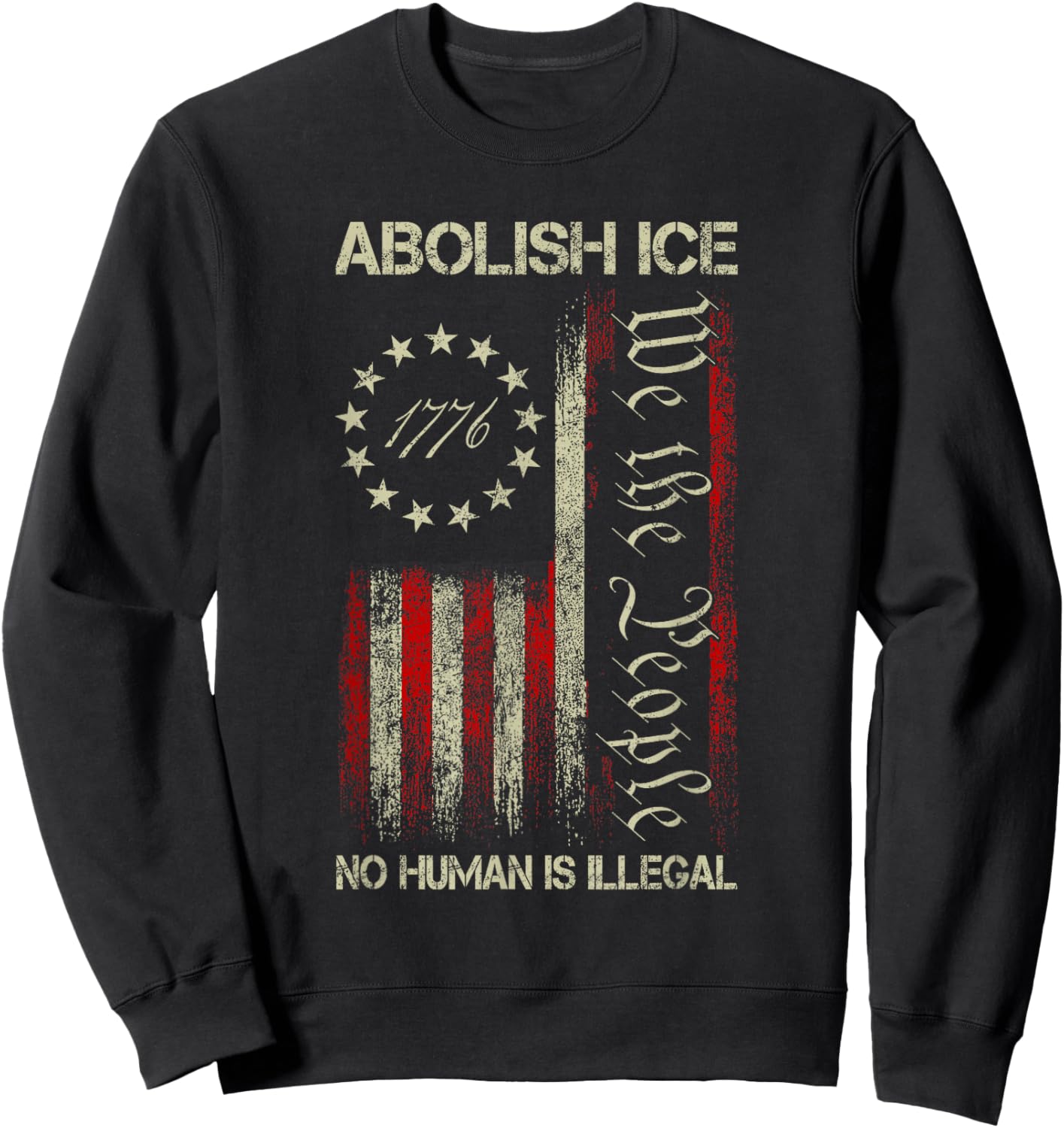 Vintage Abolish ICE No Human is Illegal US Flag Men Women Sweatshirt - Sweatshirt | Black