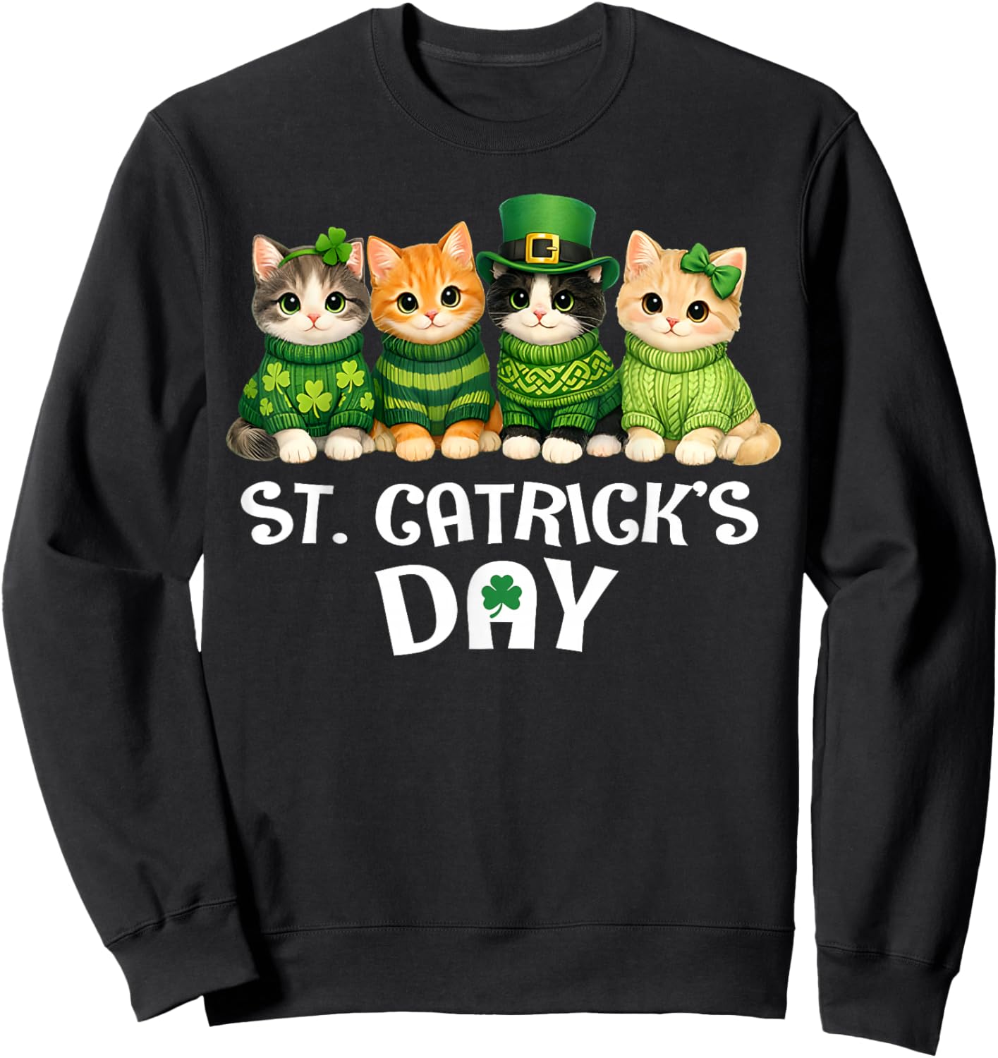 Cute Catricks St Patricks Day Cats Saint Women Girls Kids Sweatshirt - Sweatshirt | Black