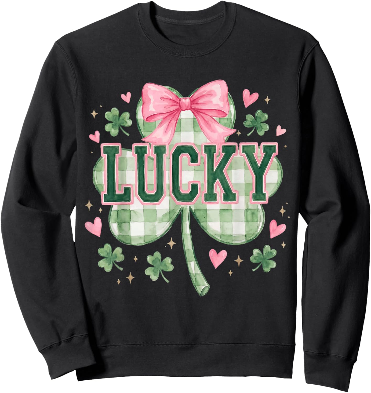 Vintage Coquette Bow Lucky Shamrock Clover St Patricks Day Sweatshirt - Sweatshirt | Black