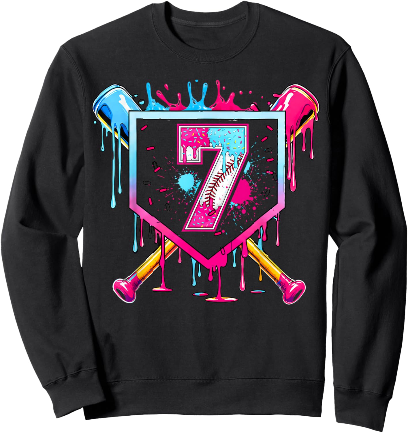 7th Birthday Boys Baseball Ice Cream Drip Boys Baseball Sweatshirt - Sweatshirt | Black