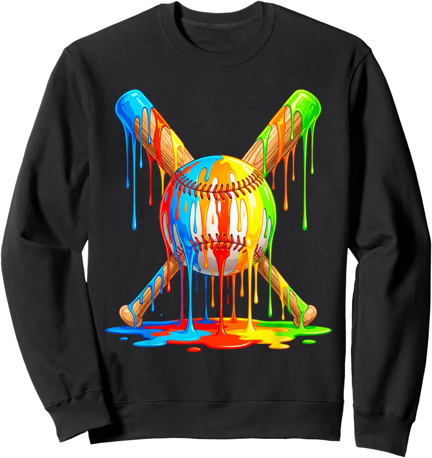 Baseball Drip Ice Cream Multicolor Crossed Bat Art Sweatshirt - Sweatshirt | Black