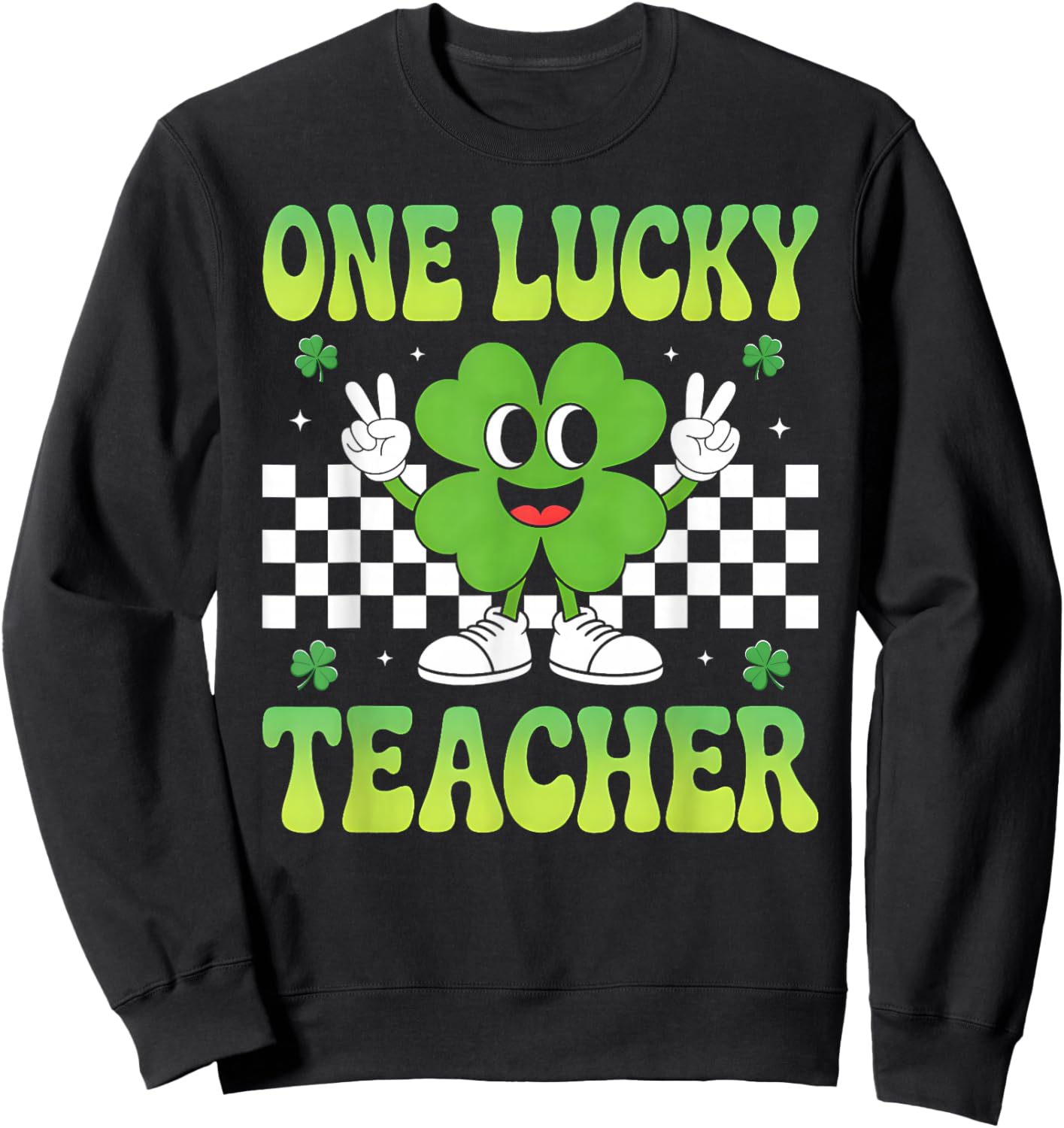Groovy One Lucky Teacher Retro Shamrock St Patricks Day Sweatshirt - Sweatshirt | Black