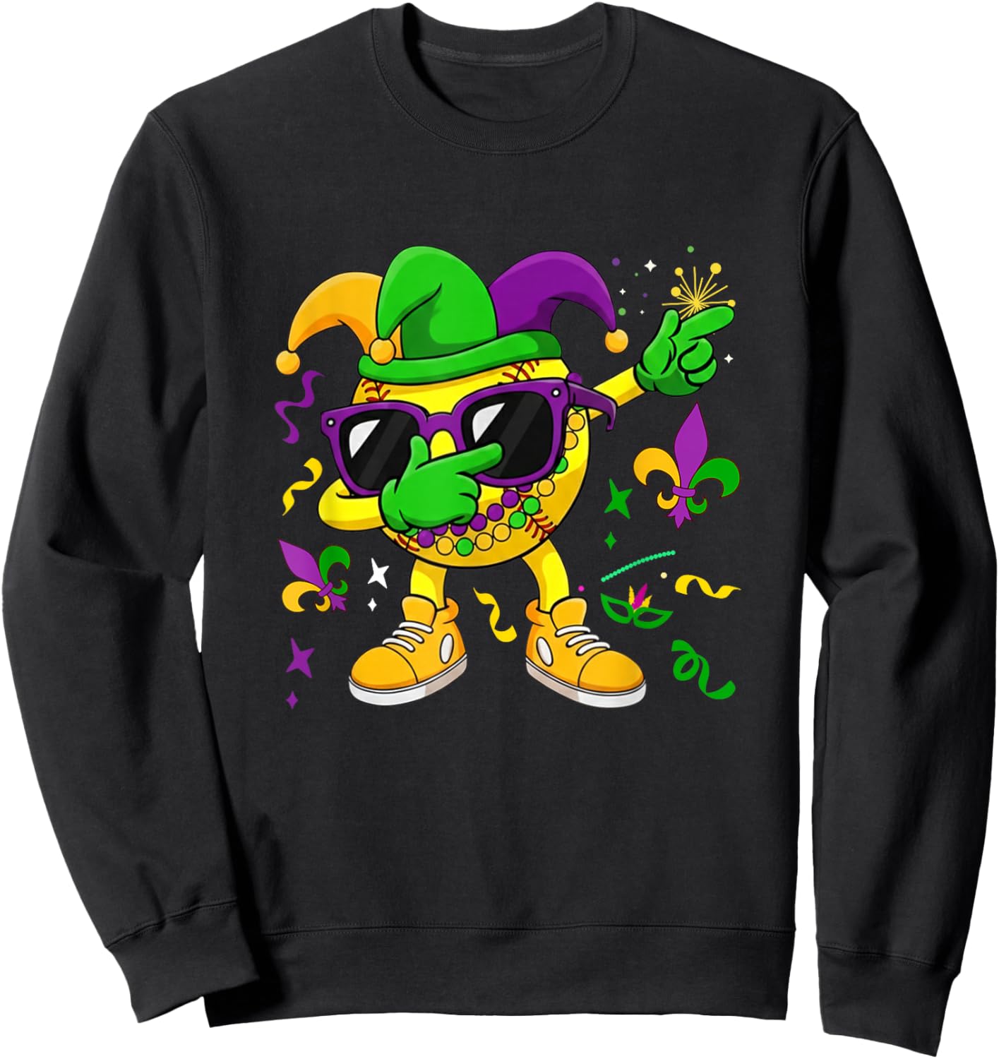 Softball Equipment Player Mardi Gras Beads Jester Hat Lover Sweatshirt - Sweatshirt | Black