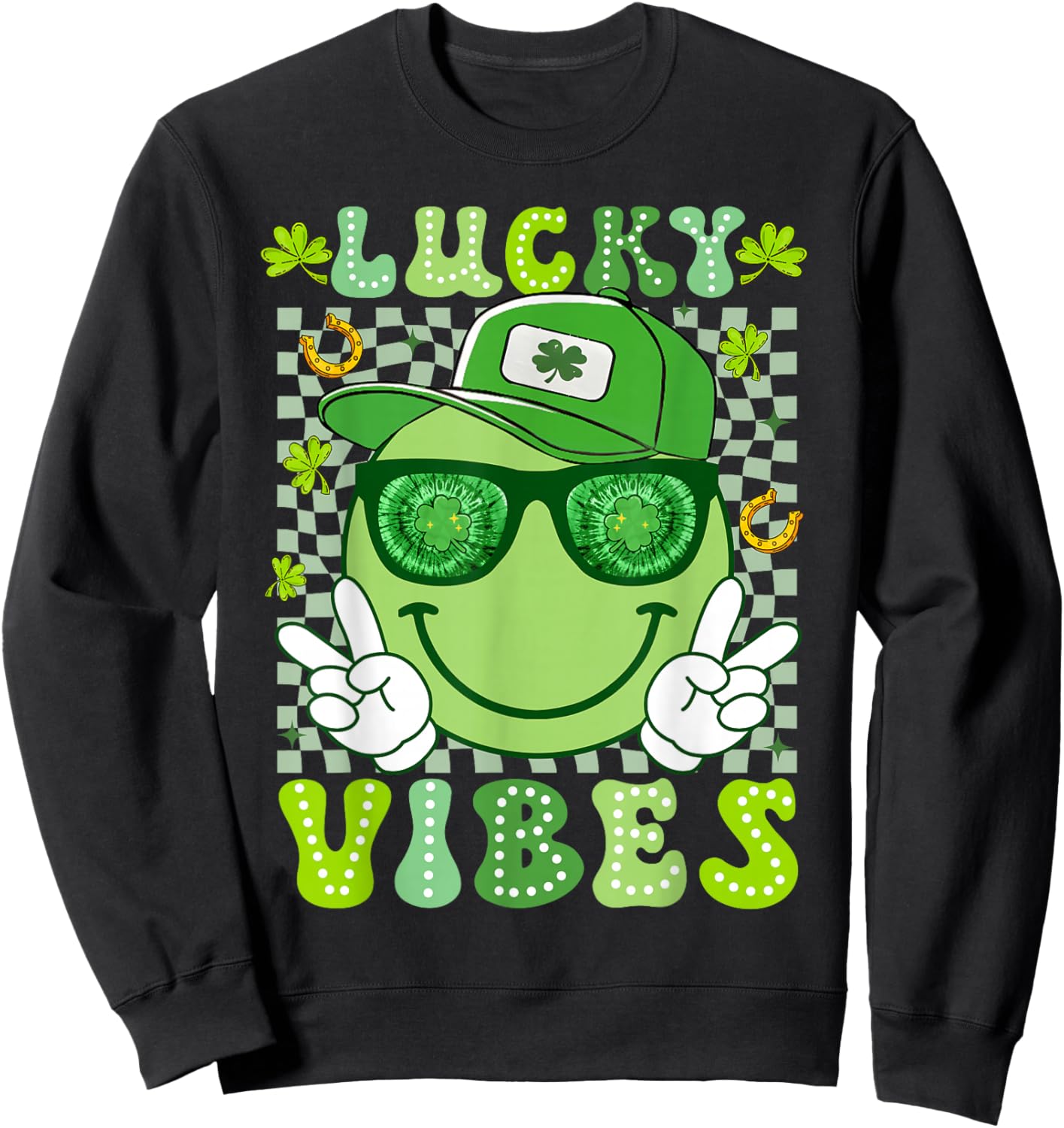 Funny Lucky Vibes Smile Face St Patricks Day Men Women Kid Sweatshirt - Sweatshirt | Black