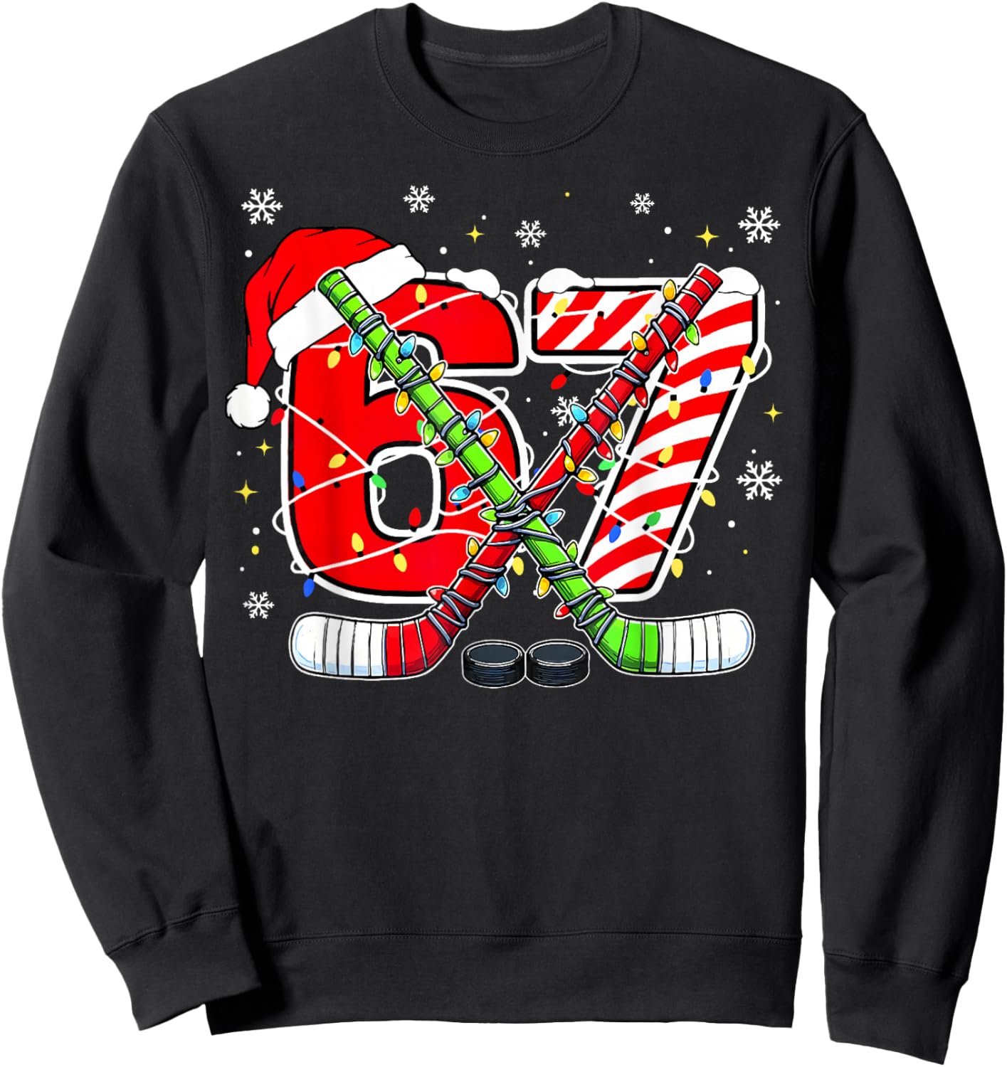 Funny 67 Santa Hat Candy Cane Ice Hockey Six Seven Christmas Sweatshirt - Sweatshirt | Black