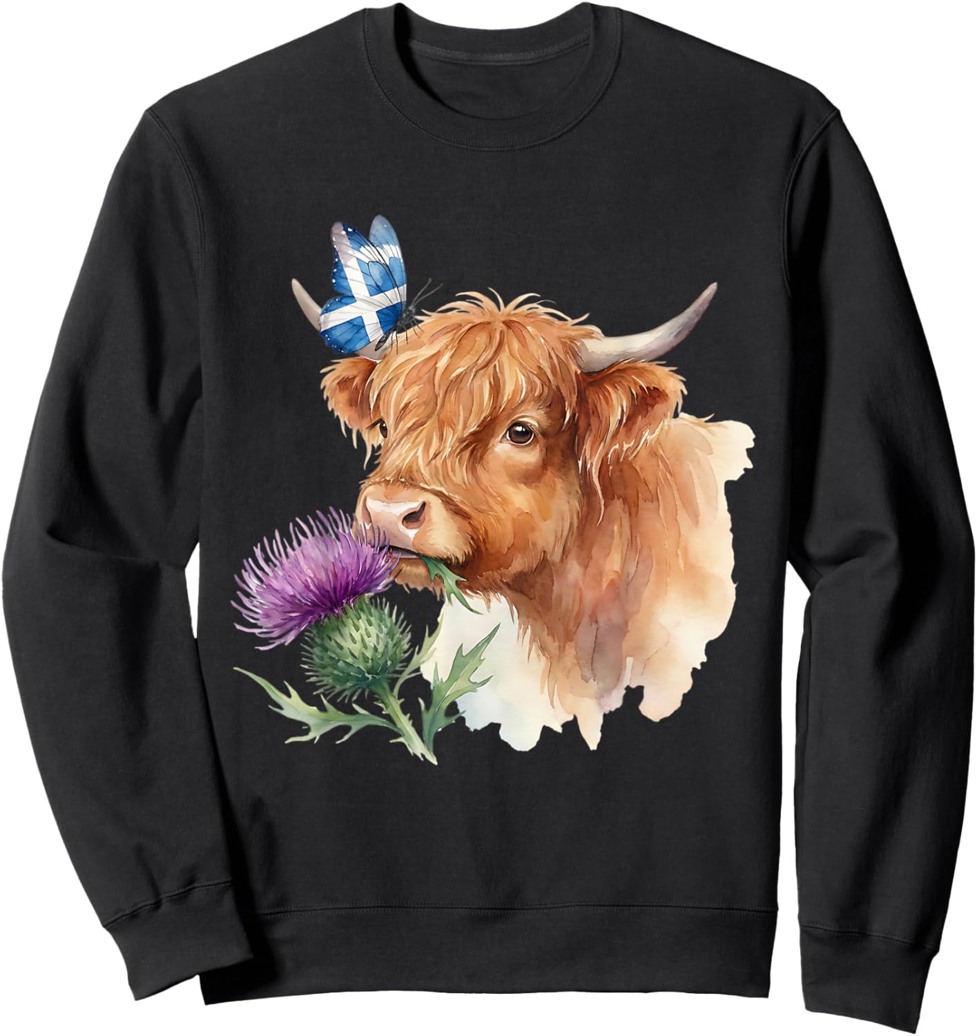 Scottish Highland Cow Thistle Scotland Flag Saltire Wings Sweatshirt - Sweatshirt | Black