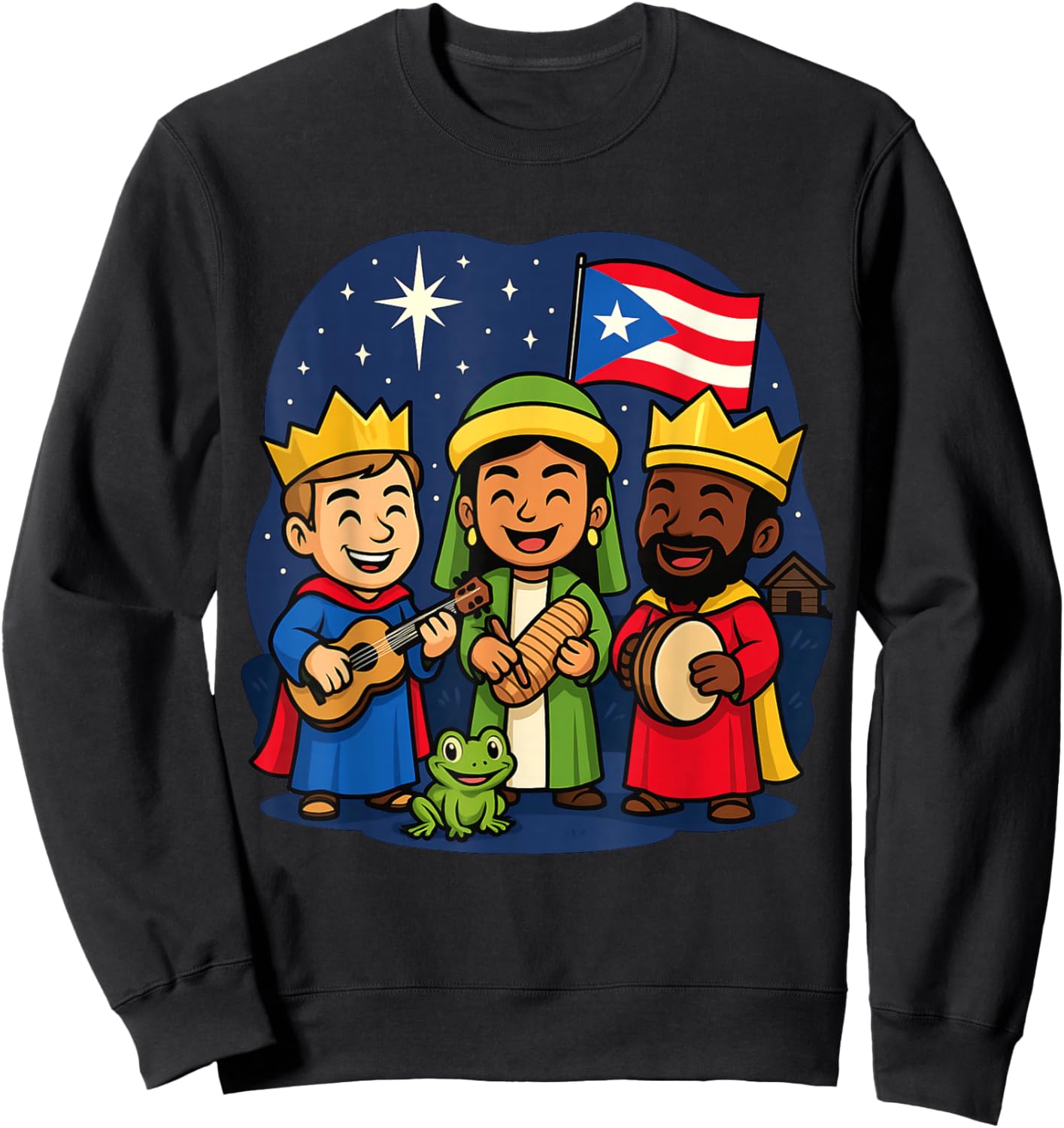 Puerto Rican Flag Funny Three Kings Day Navidad Coqui Sweatshirt - Sweatshirt | Black
