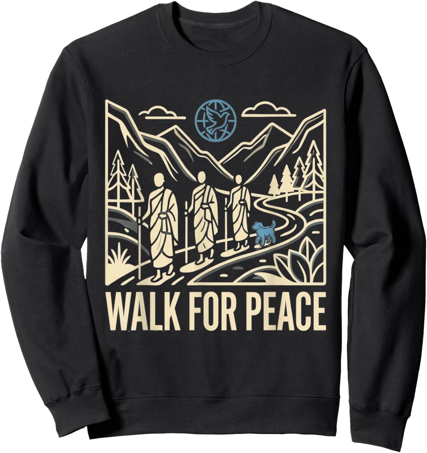 Walk for Peace Aloka Monks Dog Dove Globe Line Art Sweatshirt - Sweatshirt | Black