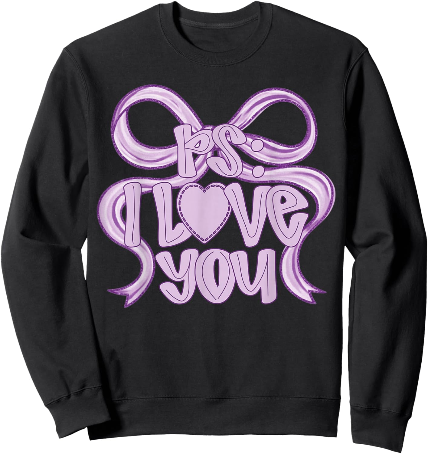 PS I Love You Day Valentine's Day Coquette Bow Purple Heart Sweatshirt - Sweatshirt | Black