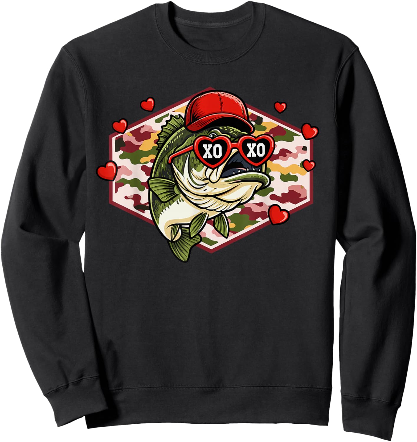 Men Boys Retro Valentines Fishing XOXO Camo Bass Sweatshirt - Sweatshirt | Black