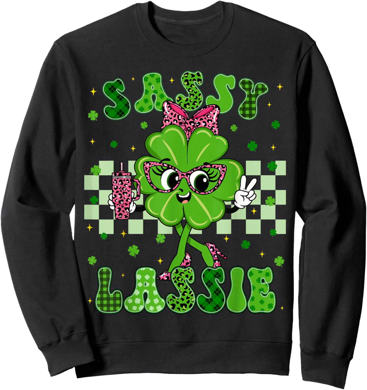 Funny Sassy Lassie Shamrock Leopard St Patricks Women Girl Sweatshirt - Sweatshirt | Black