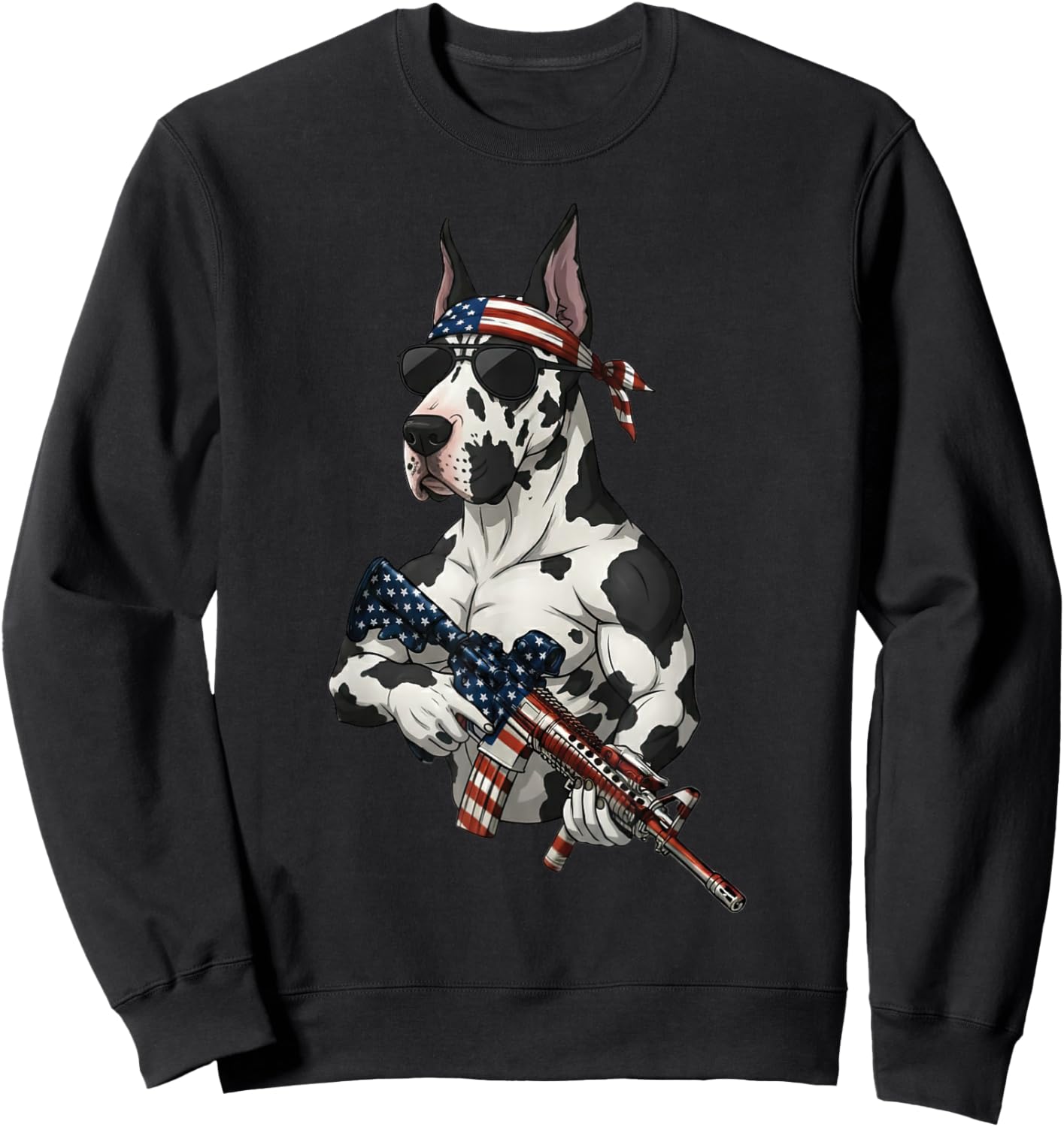 Funny Patriotic Great Dane with Rifle USA Flag Design Sweatshirt - Sweatshirt | Black