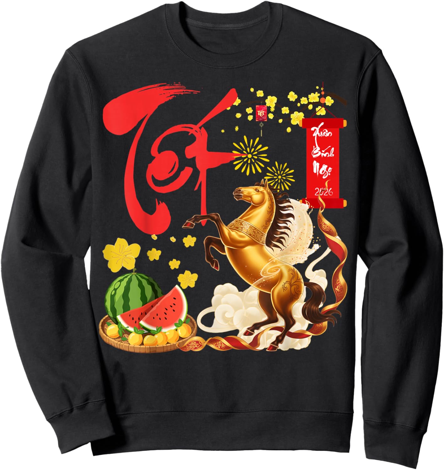 Peach Blossom Vietnamese Lunar New Year Horse 2026 Happy TET Sweatshirt - Sweatshirt | Black
