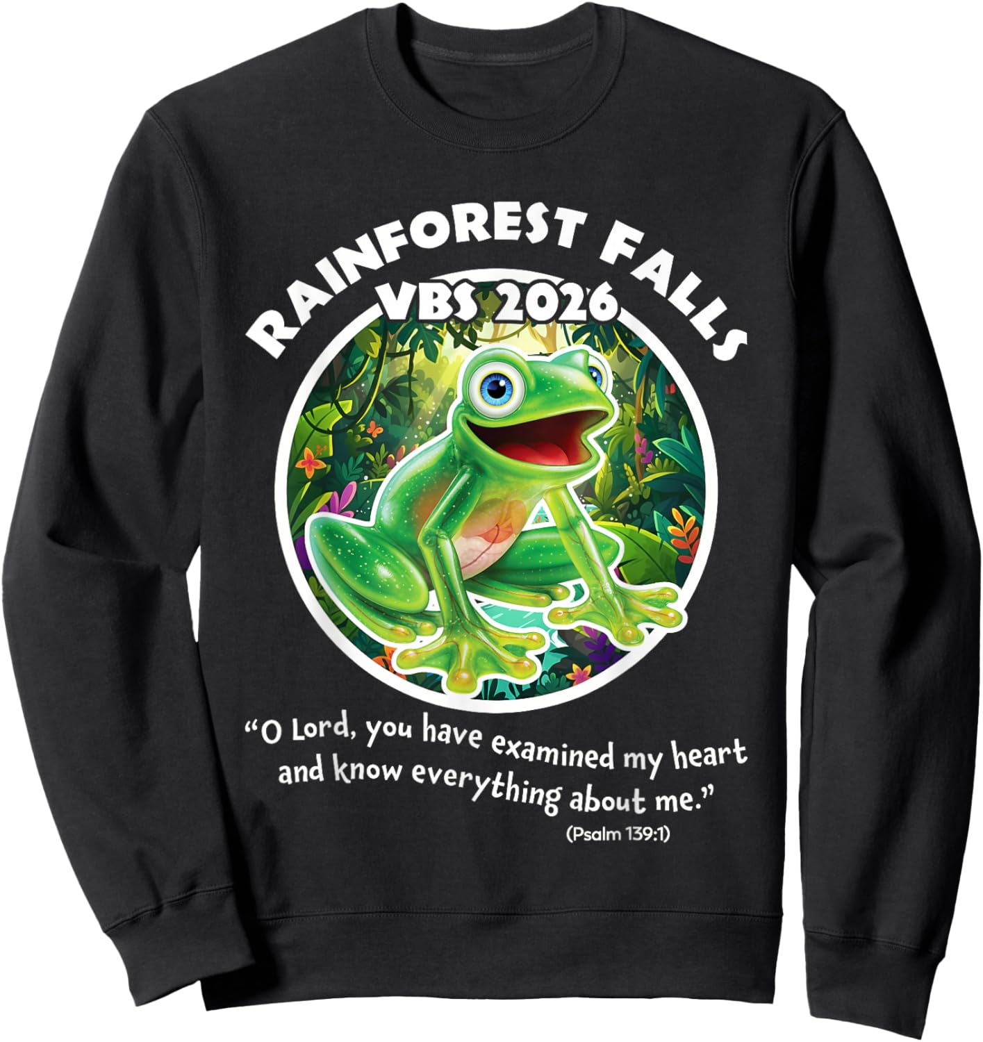 Rainforest Falls VBS 2026 Frog Jesus Faith Bible Verse Kids Sweatshirt - Sweatshirt | Black