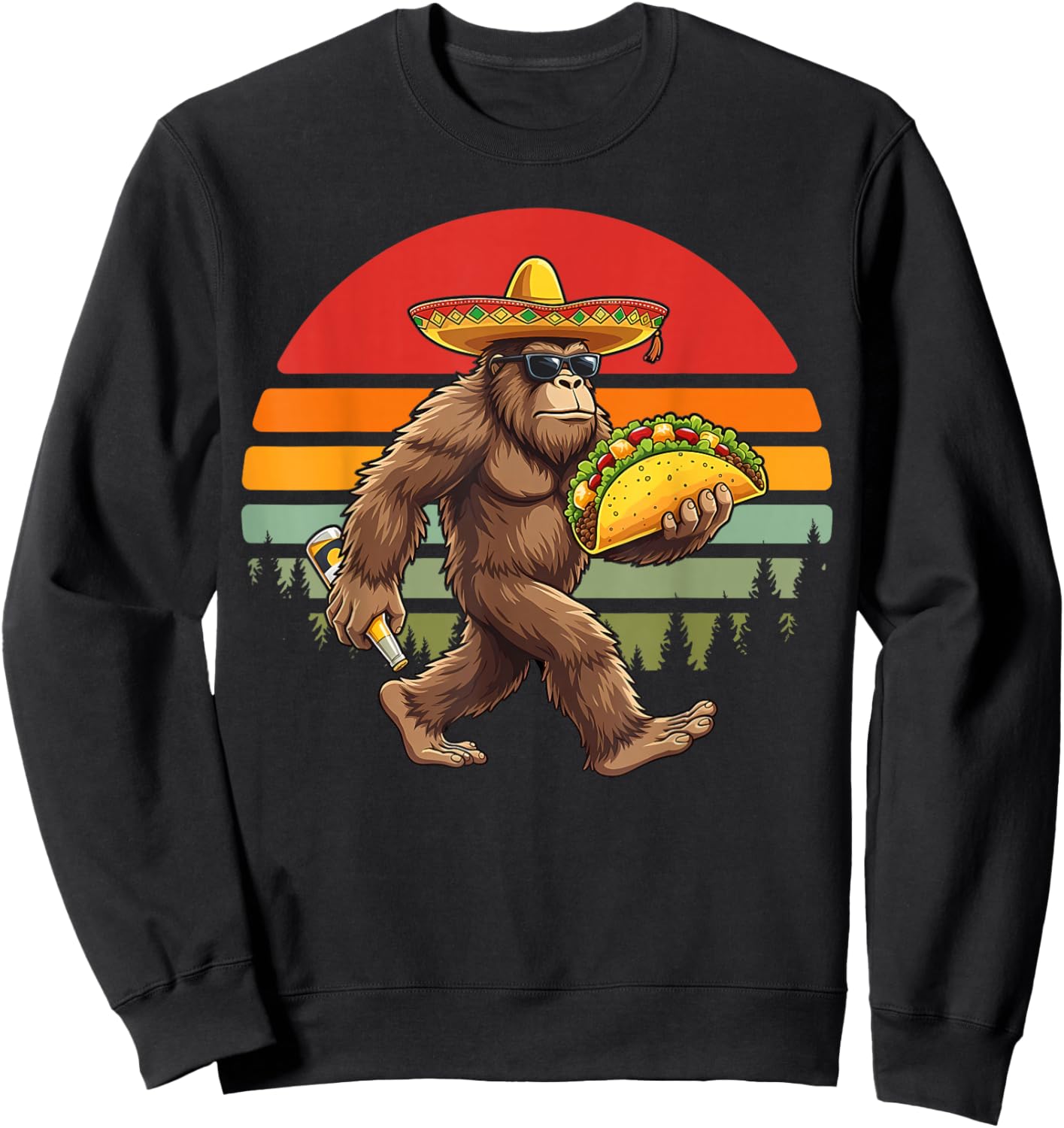 Sasquatch Bigfoot Taco Mexican Sombrero Sunset Retro Men Sweatshirt - Sweatshirt | Black