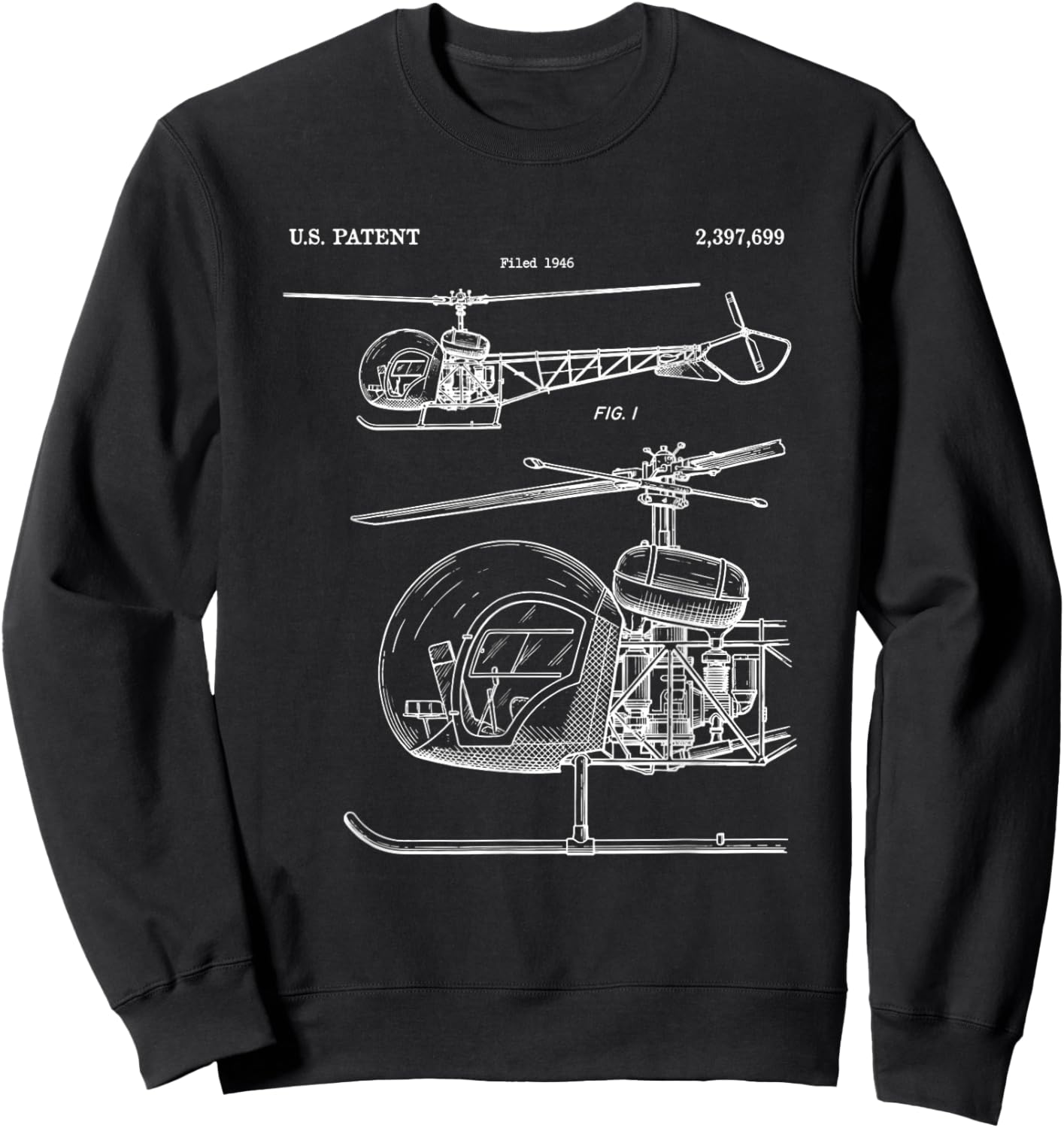 Vintage Helicopter Patent 1946 Bell 47 Pilot Blueprint Sweatshirt - Sweatshirt | Black