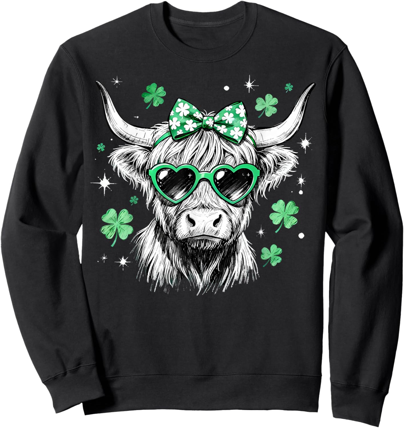 Highland Cow St Patrick's Day Coquette Bow Lucky Shamrock Sweatshirt - Sweatshirt | Black