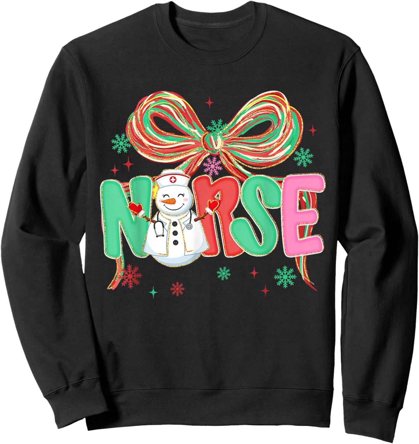 Christmas Nurse Coquette Bow Snowman Nursing Xmas Holiday Sweatshirt - Sweatshirt | Black