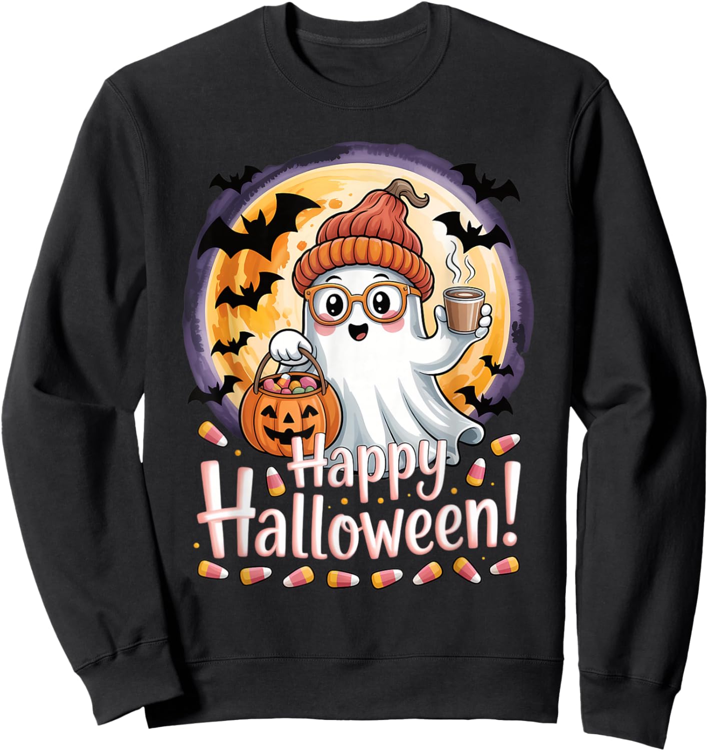 Halloween Cute Ghost Pumpkin Bats Moon Girls Kids Women Sweatshirt - Sweatshirt | Black