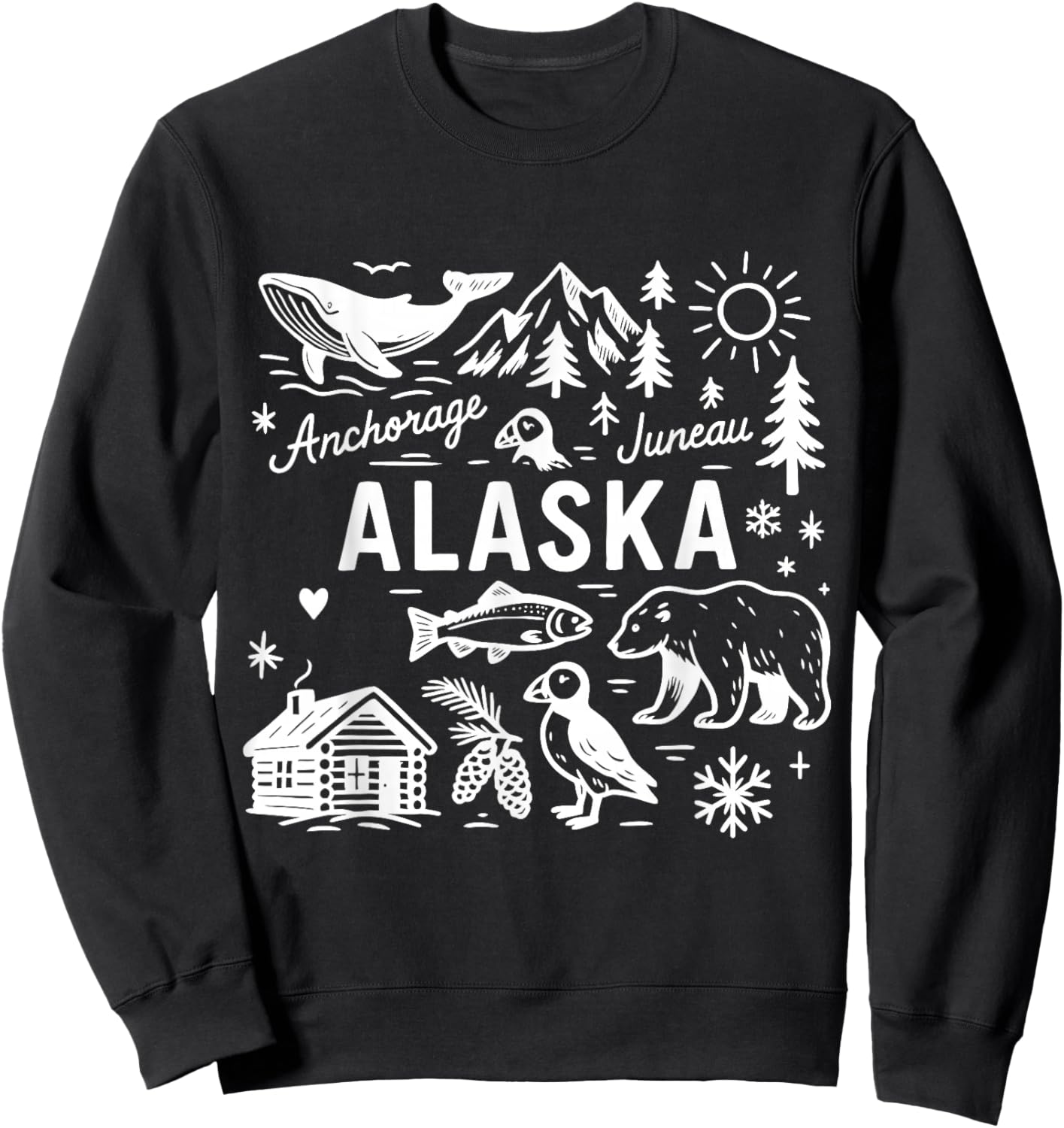 Alaska USA State Symbols Vintage Souvenir Cute Doodle Sweatshirt - Sweatshirt | Black