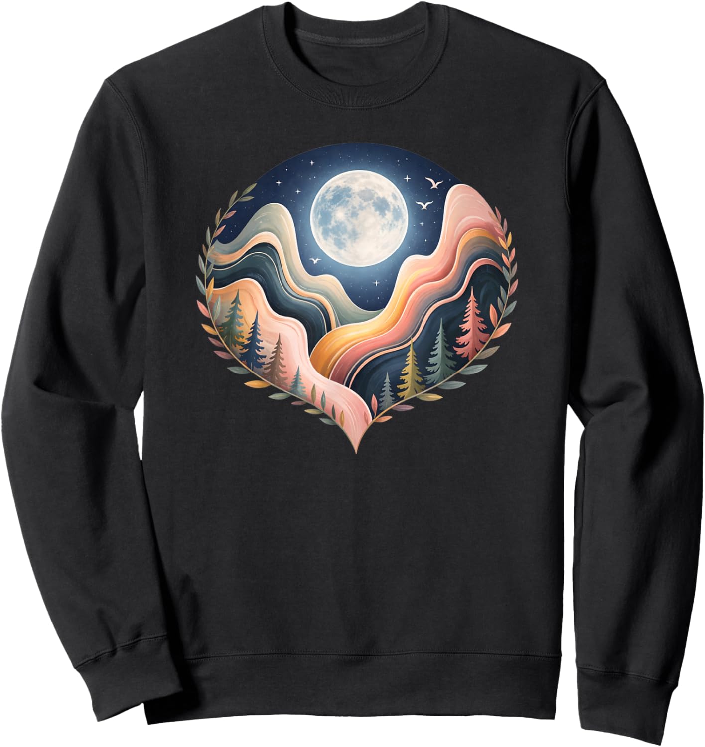 Heart-Shaped Nature Landscape Art, Scenic Moon Sweatshirt - Sweatshirt | Black