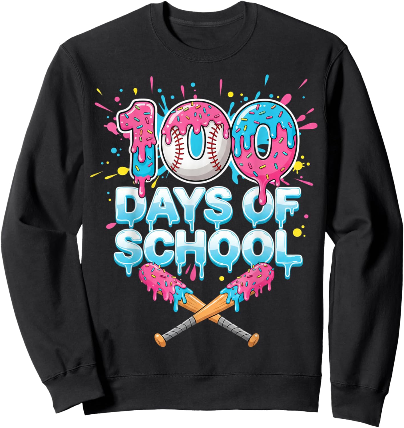 Dripping Baseball Bats 100 Days of School Boys Kids Girl Sweatshirt - Sweatshirt | Black